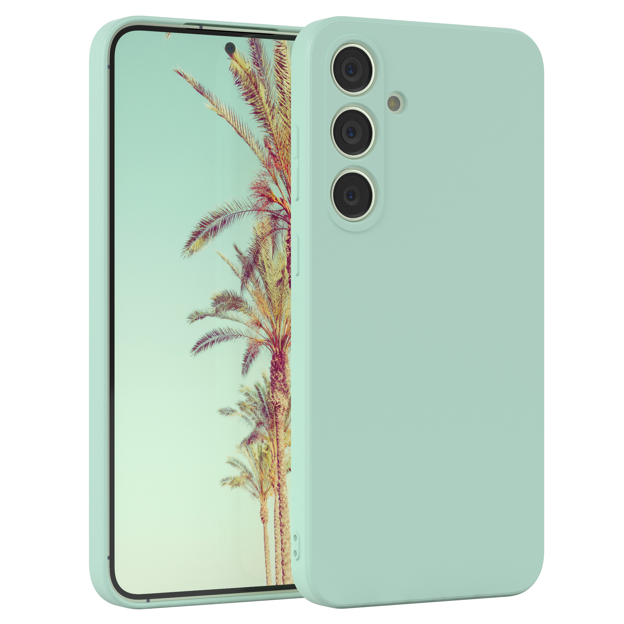 Minzgrüne Handyhülle. Telefon mit Palmenhintergrund. Weißer Hintergrund.