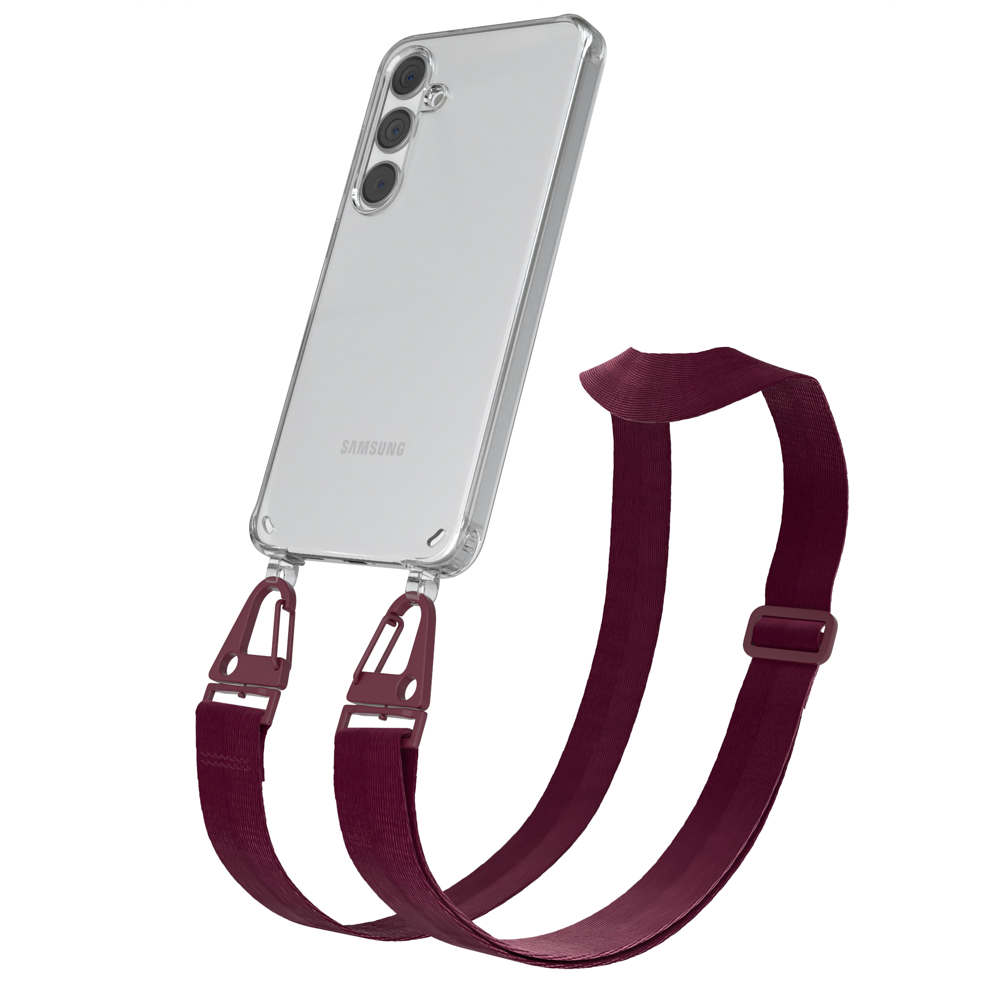 Transparente Handyhülle mit Riemen. Das Telefon ist geneigt, mit einem weinroten Riemen auf weißem Hintergrund.