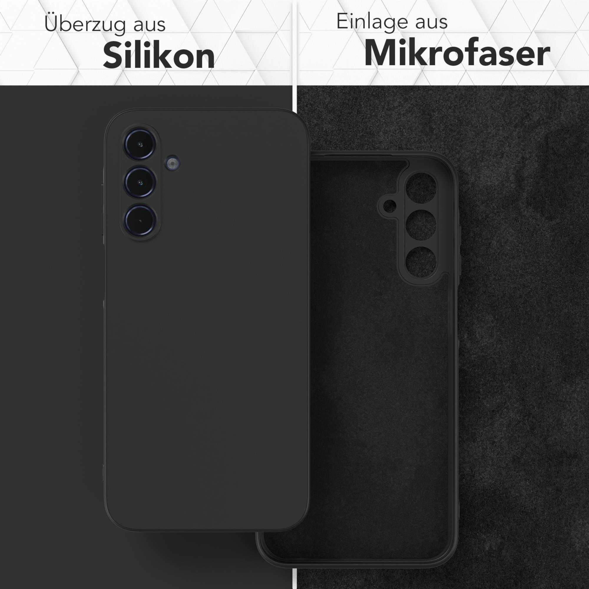 Schwarze Handyhülle, Silikon außen, Mikrofaser innen. Text oben.