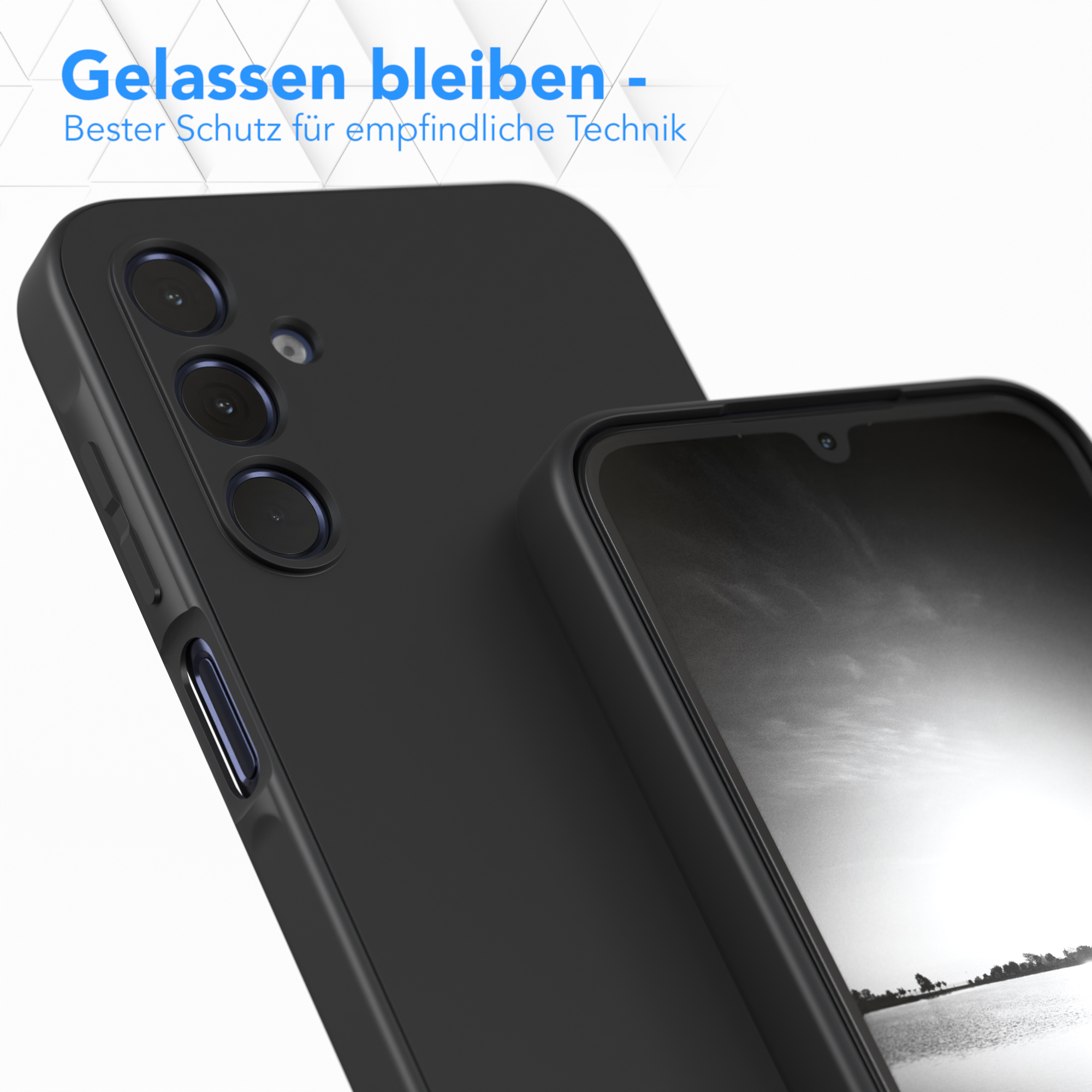 Schwarze Handyhülle mit Telefon darin. Nahaufnahme. Der Text lautet: Gelassen bleiben - Bester Schutz.