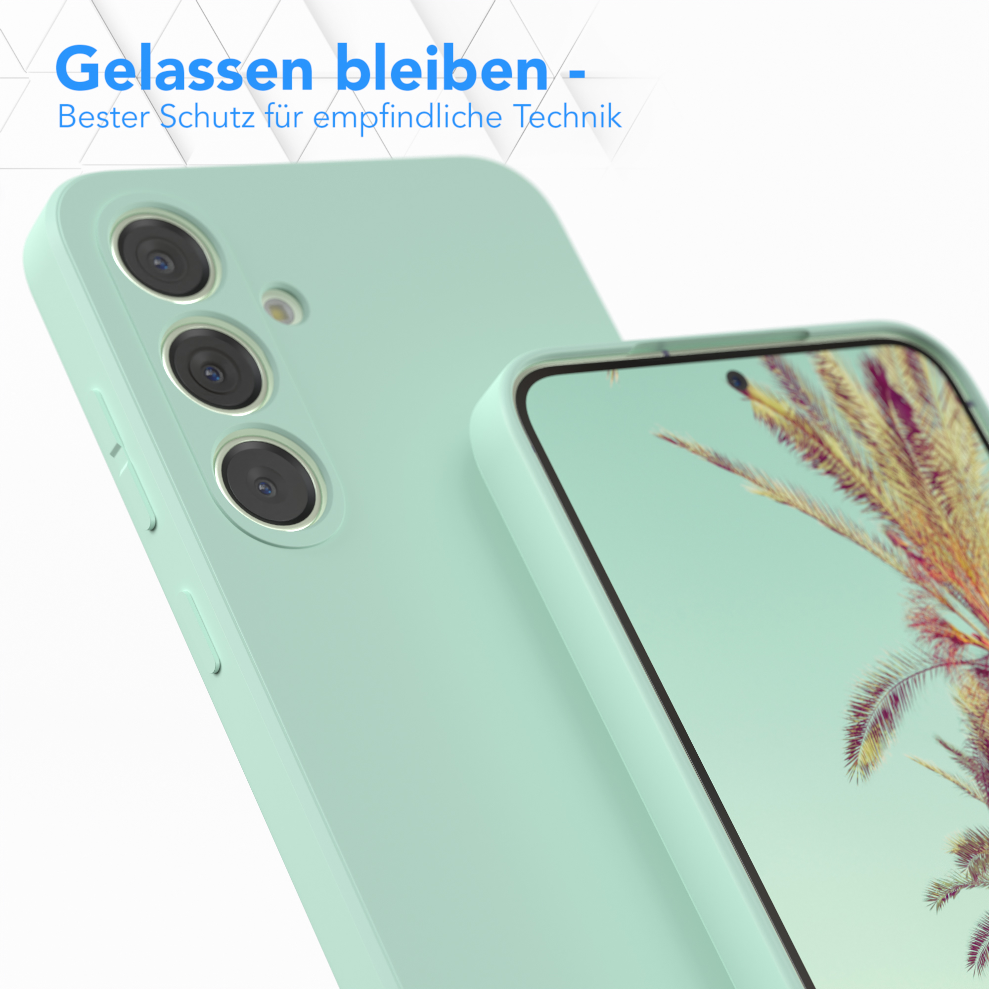 Zwei Handyhüllen, eine über der anderen. Beide sind mintgrün. Der Hintergrund ist unscharf.