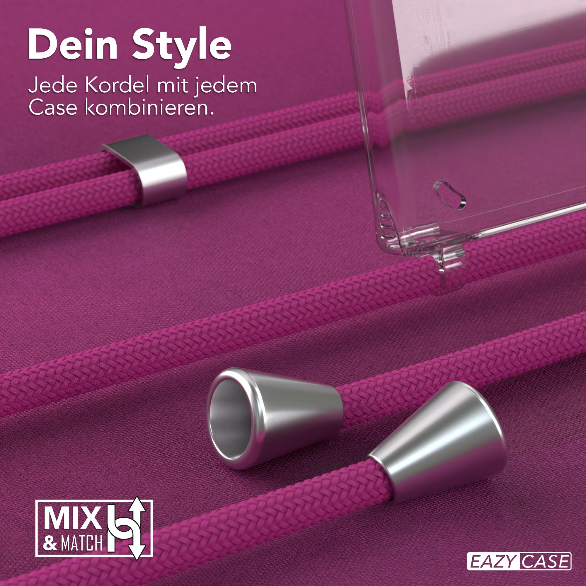 Pinke Kordel mit Metallkappen und transparente Handyhülle auf lila Untergrund.