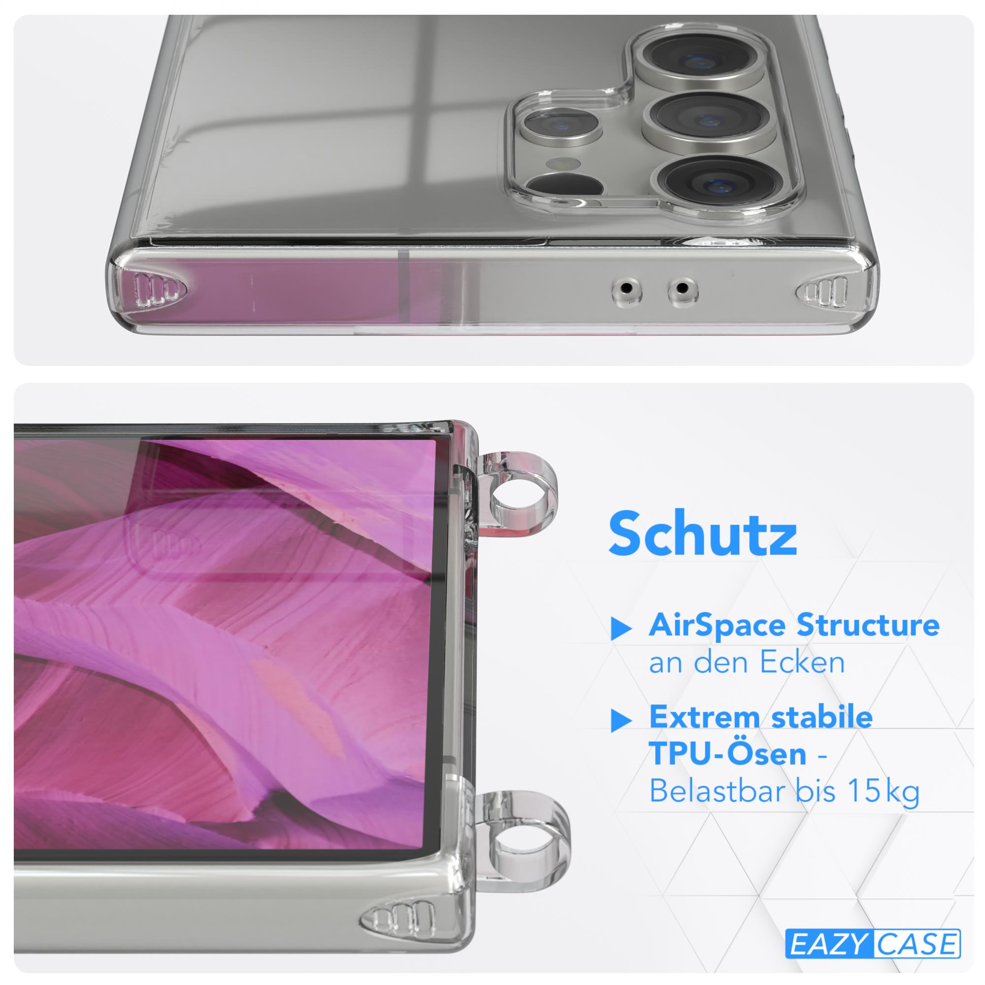 Transparente Handyhülle mit Text. Telefon im Inneren. Text rechts und oben im Bild.