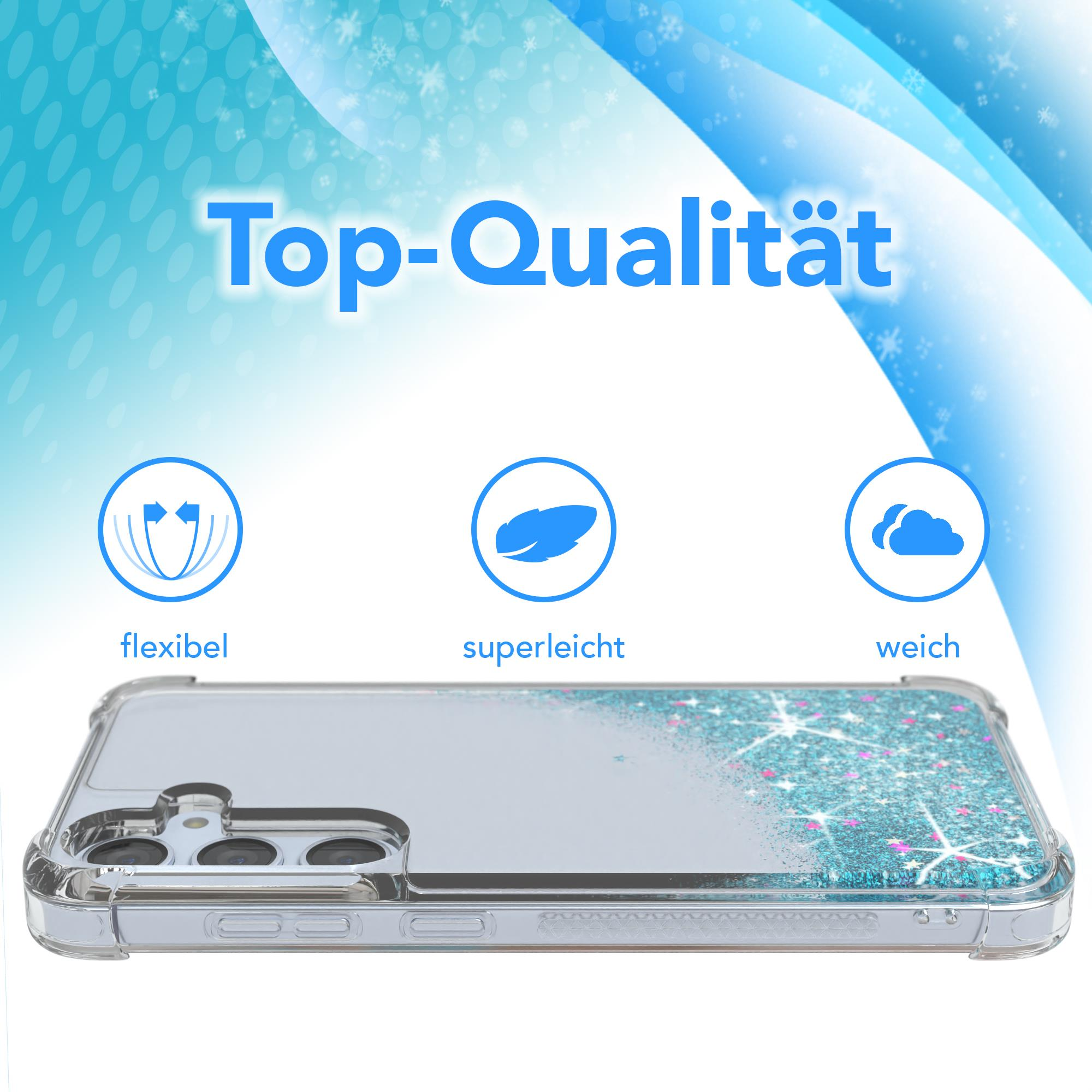 Transparente Handyhülle mit Glitzer, Telefon und Text über Qualität.
