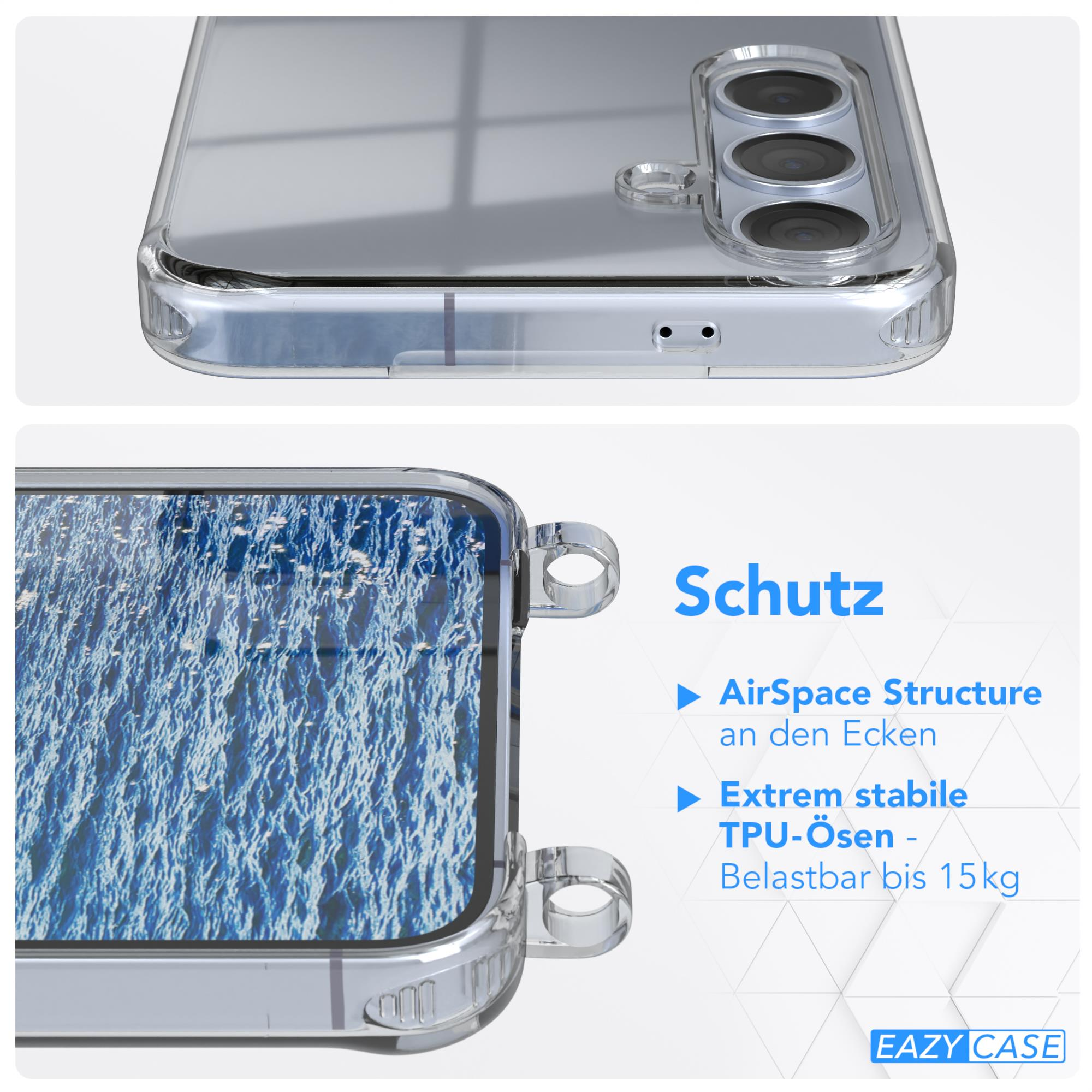 Eine transparente Handyhülle zeigt die Rückseite des Telefons. Die Hülle hat ein geschwungenes Design mit drei Kameralöchern.