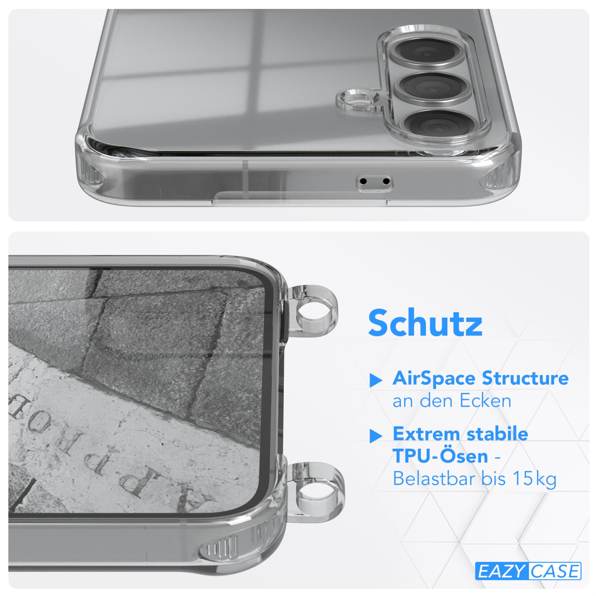 Transparente Handyhülle. Nahaufnahme des Kamerabereichs. Text: Schutz, AirSpace Structure, Extrem stabile TPU-Ösen, Belastbar bis 15kg.