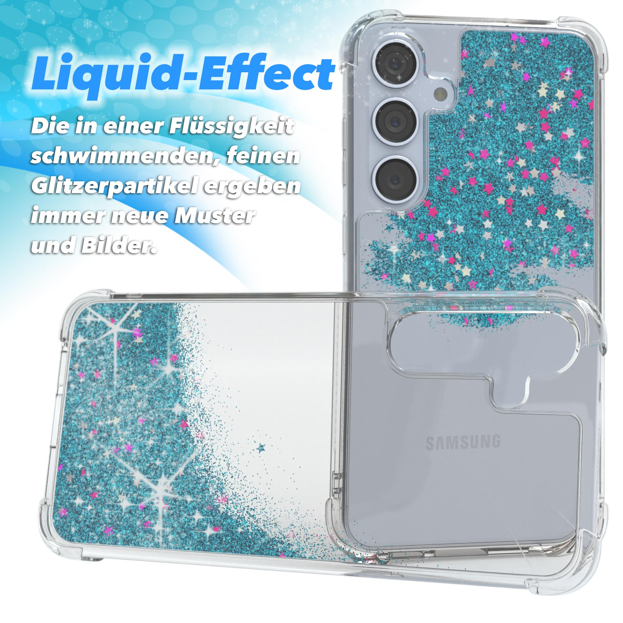 Eine Handyhülle mit Flüssigkeitsglitzer und einem Telefon darin, auf weißem Hintergrund.