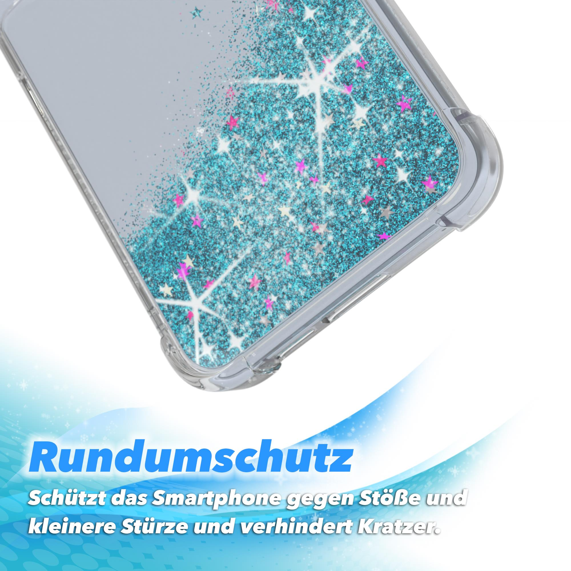 Transparente Handyhülle mit blauem Glitzer und rosa Sternen, schützt ein Smartphone, mit Text darunter.