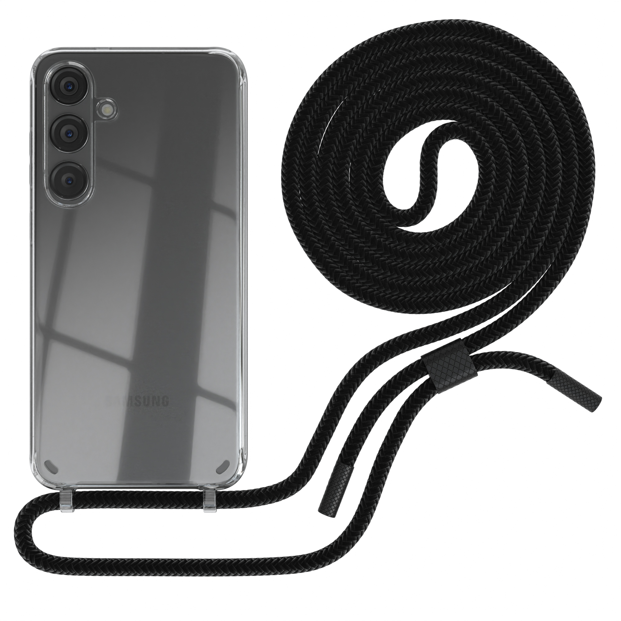 Klares Telefon mit schwarzem Kabel. Das Kabel ist aufgerollt und am Telefon befestigt.