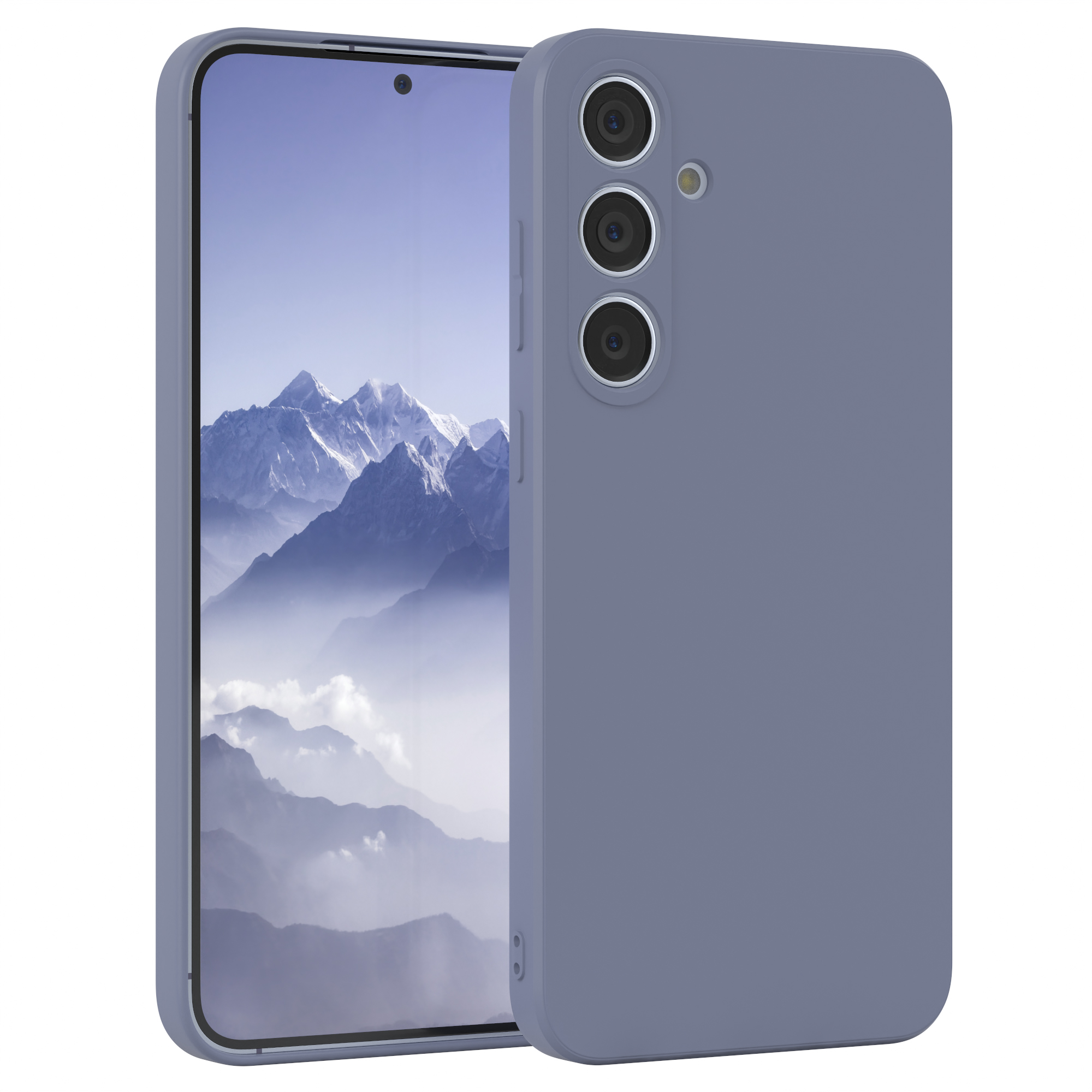 Blaue Handyhülle auf einem Telefon, weißer Hintergrund. Das Telefon hat einen Bildschirm und eine Kamera.