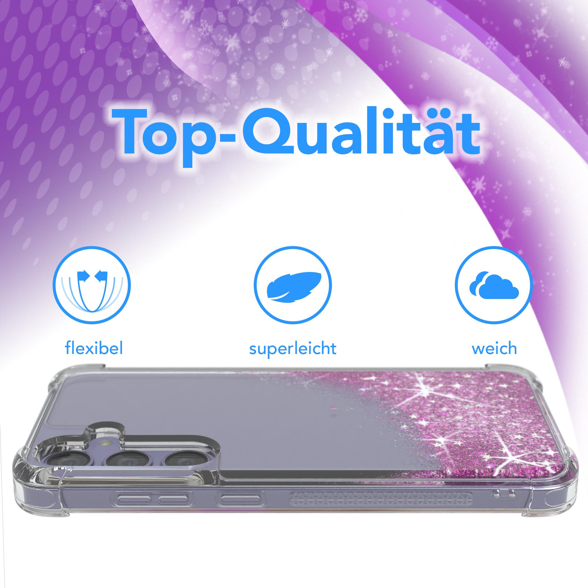 Transparente Handyhülle mit Glitzer und einem Telefon. Weißer Hintergrund.