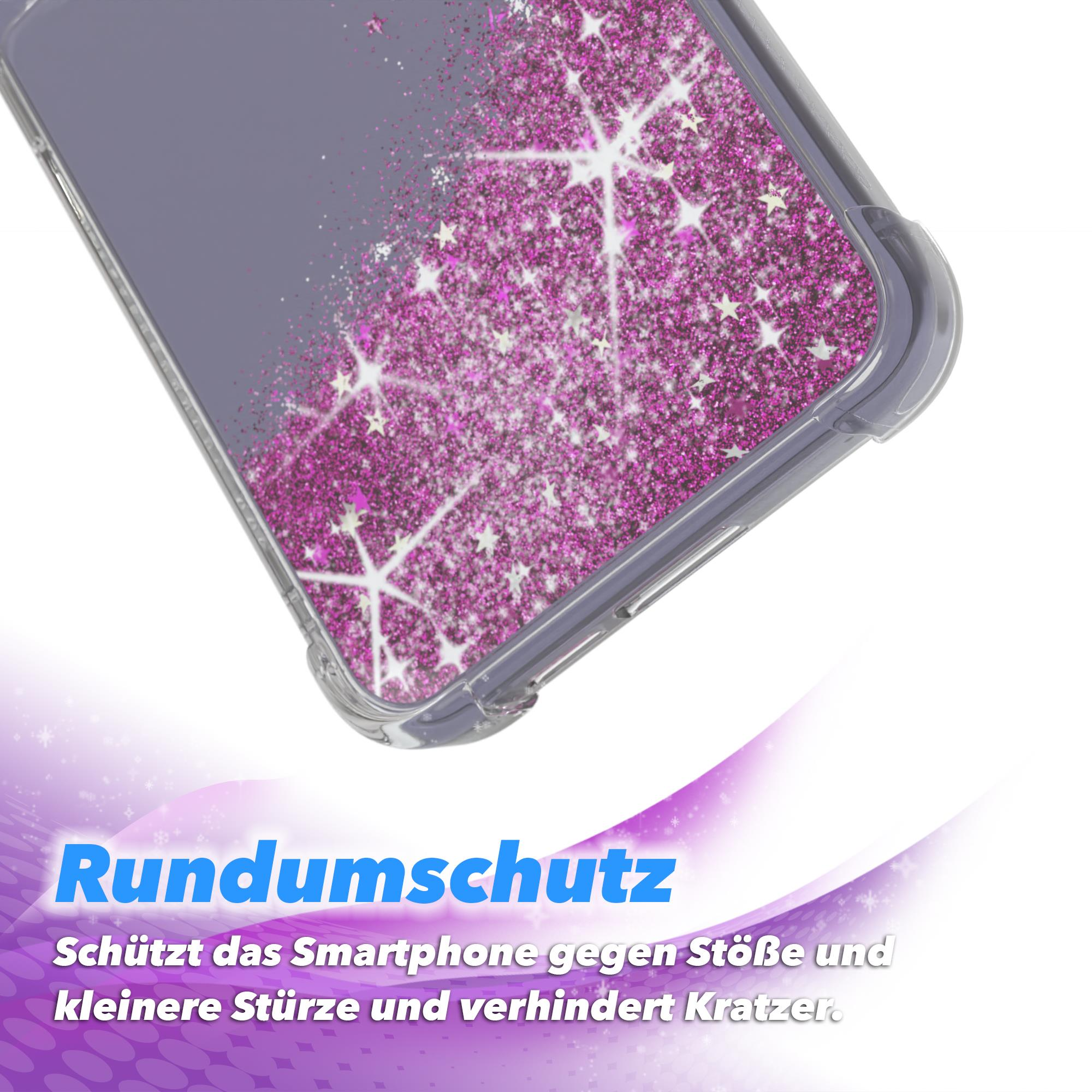 Nahaufnahme der Handyhülle mit pinkfarbenem Glitzerdesign, weißer Hintergrund, lila Farbverlauf.