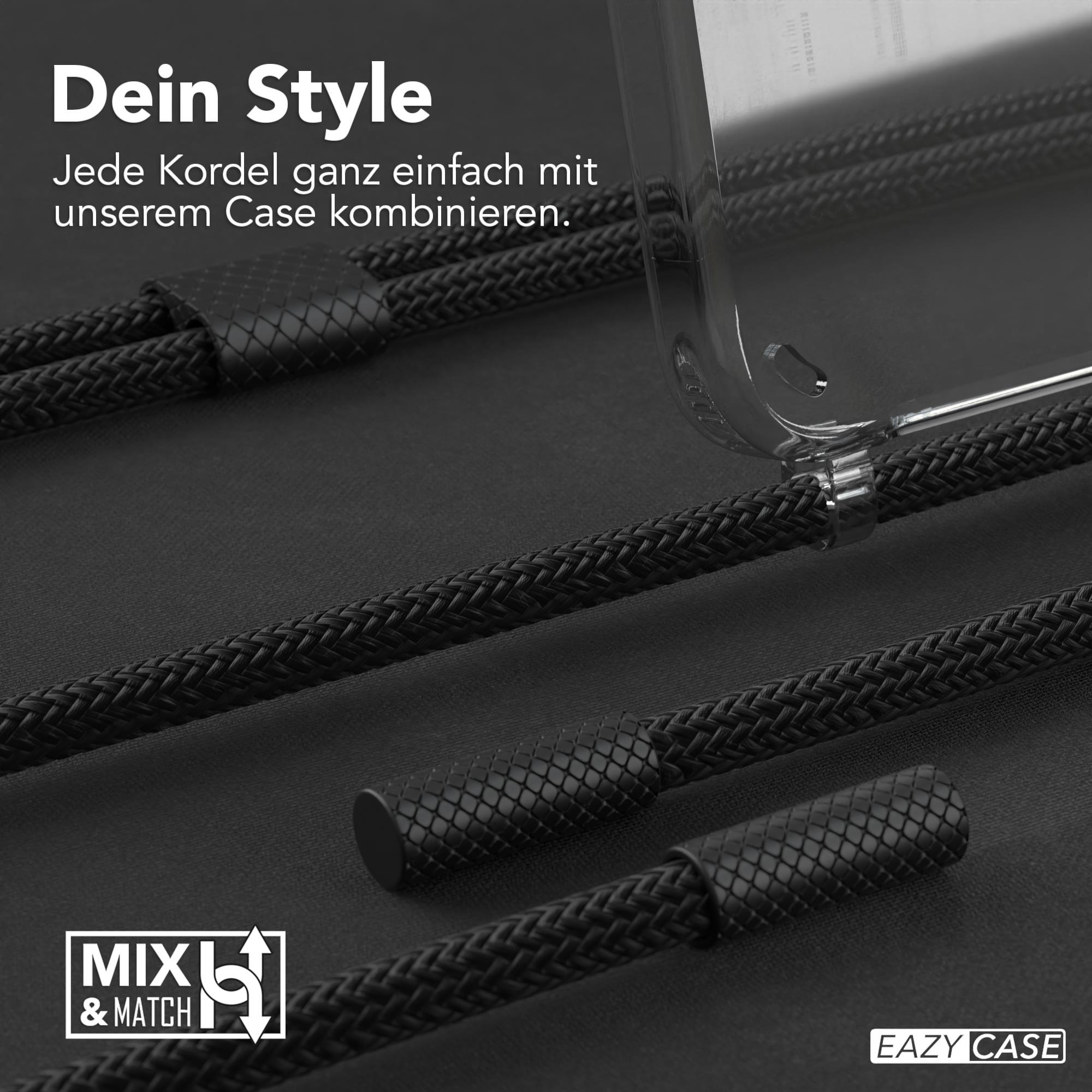 Nahaufnahme von Handyhüllen und Bändern. Schwarze geflochtene Kordel, transparente Hülle und schwarzer Hintergrund.