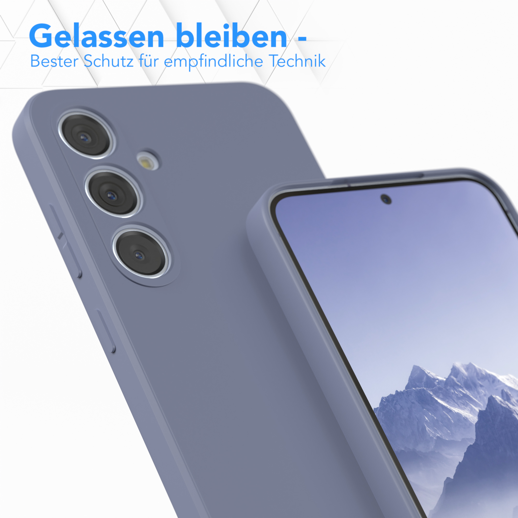 Nahaufnahme eines blauen Telefons und einer Handyhülle mit Kameraausschnitten.