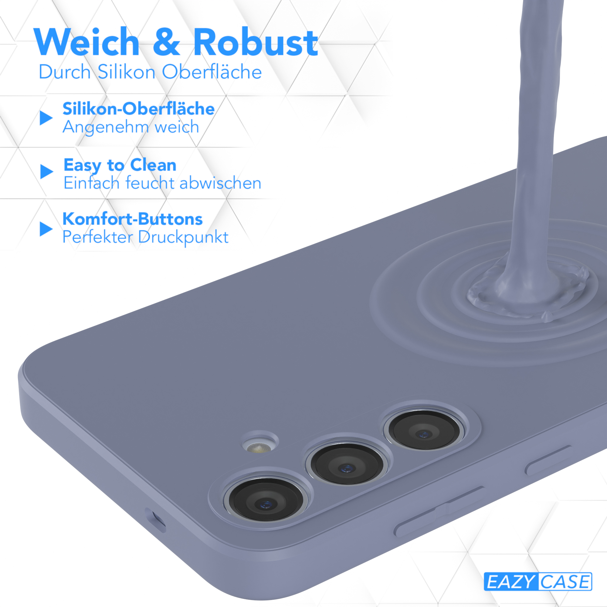 Nahaufnahme einer blauen Handyhülle, Flüssigkeit wird darauf gegossen. Text: Weich & Robust.
