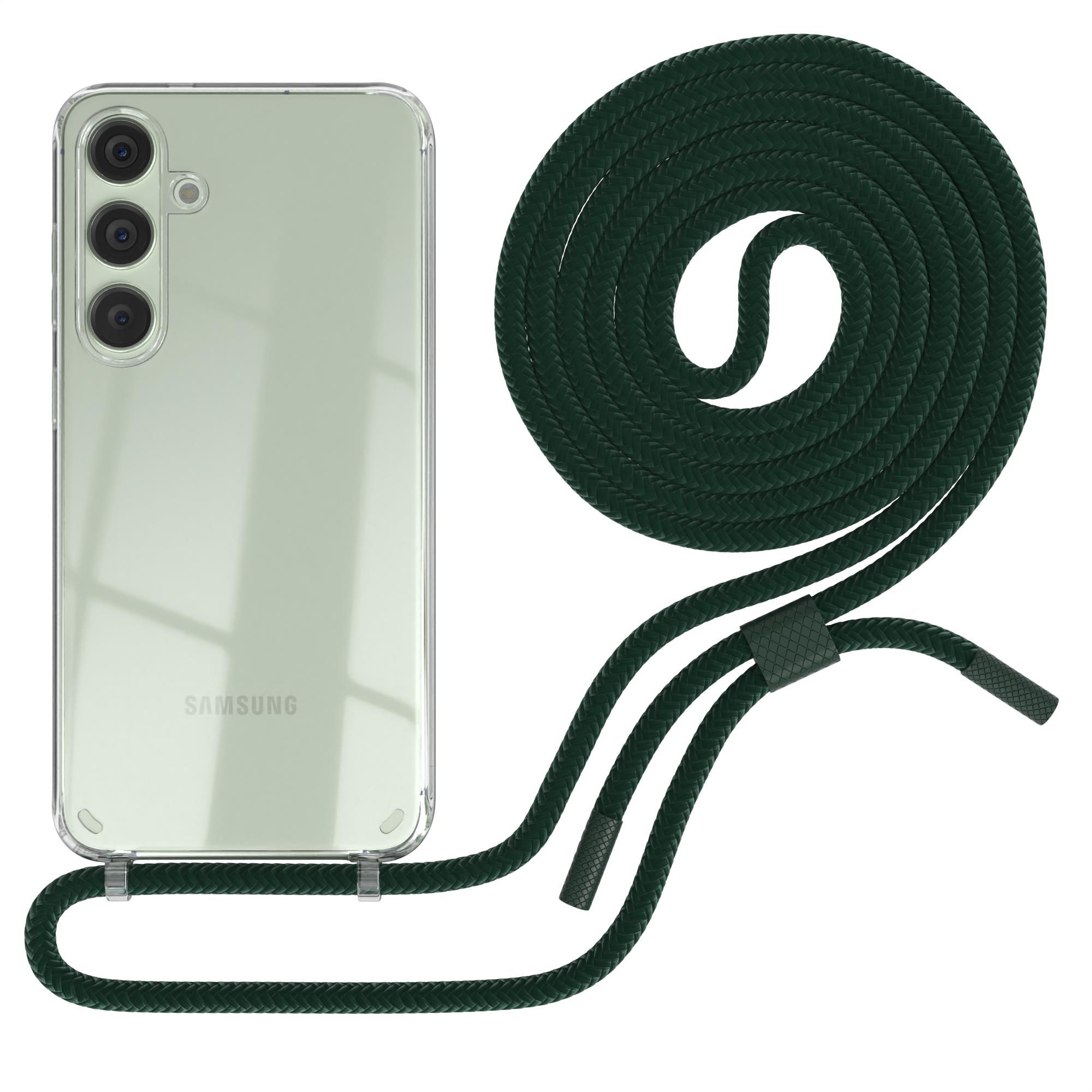 Ein grünes Telefon mit durchsichtiger Hülle und passendem grünen Umhängeband.