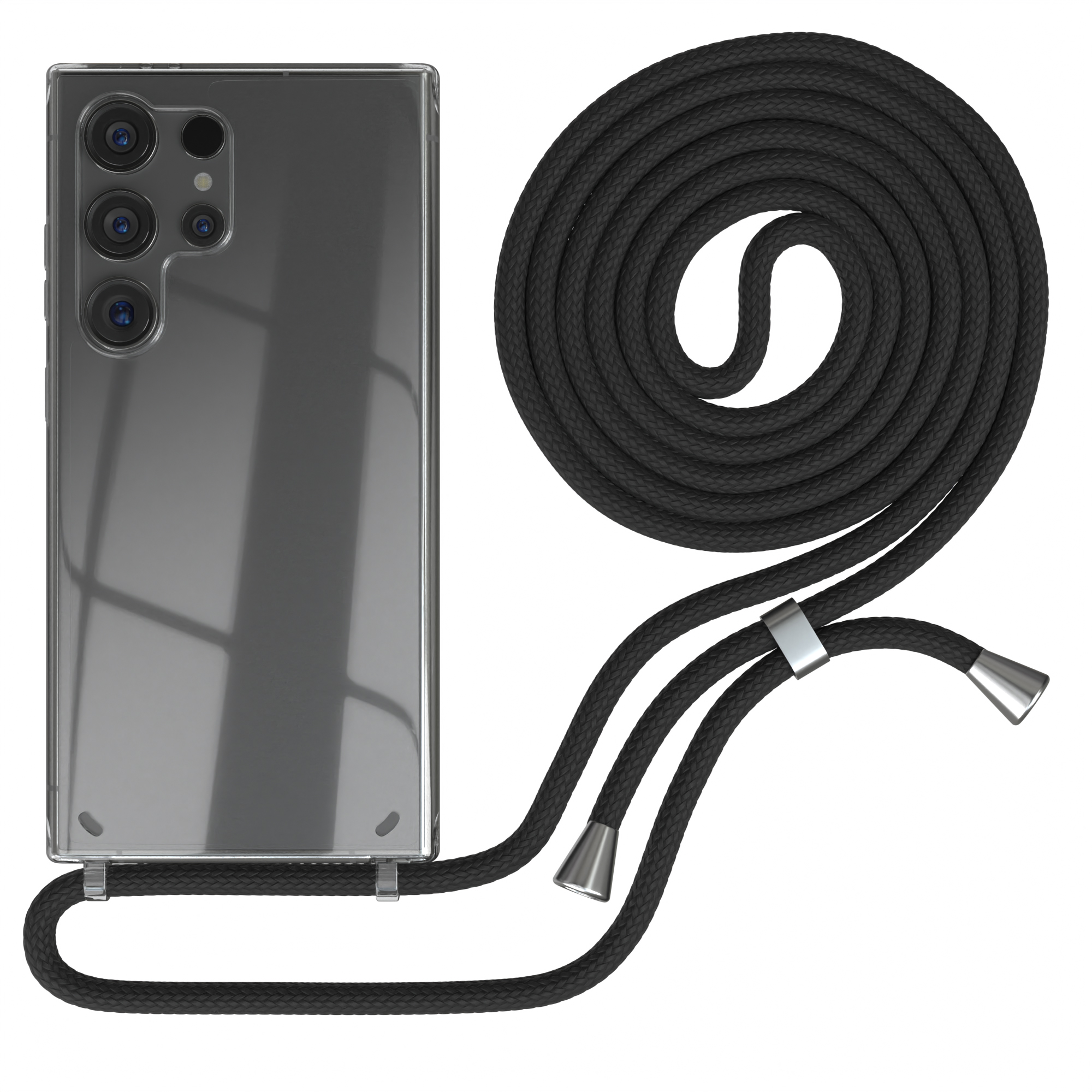 Klar Handyhülle mit schwarzem Lanyard. Ein Telefon ist links.