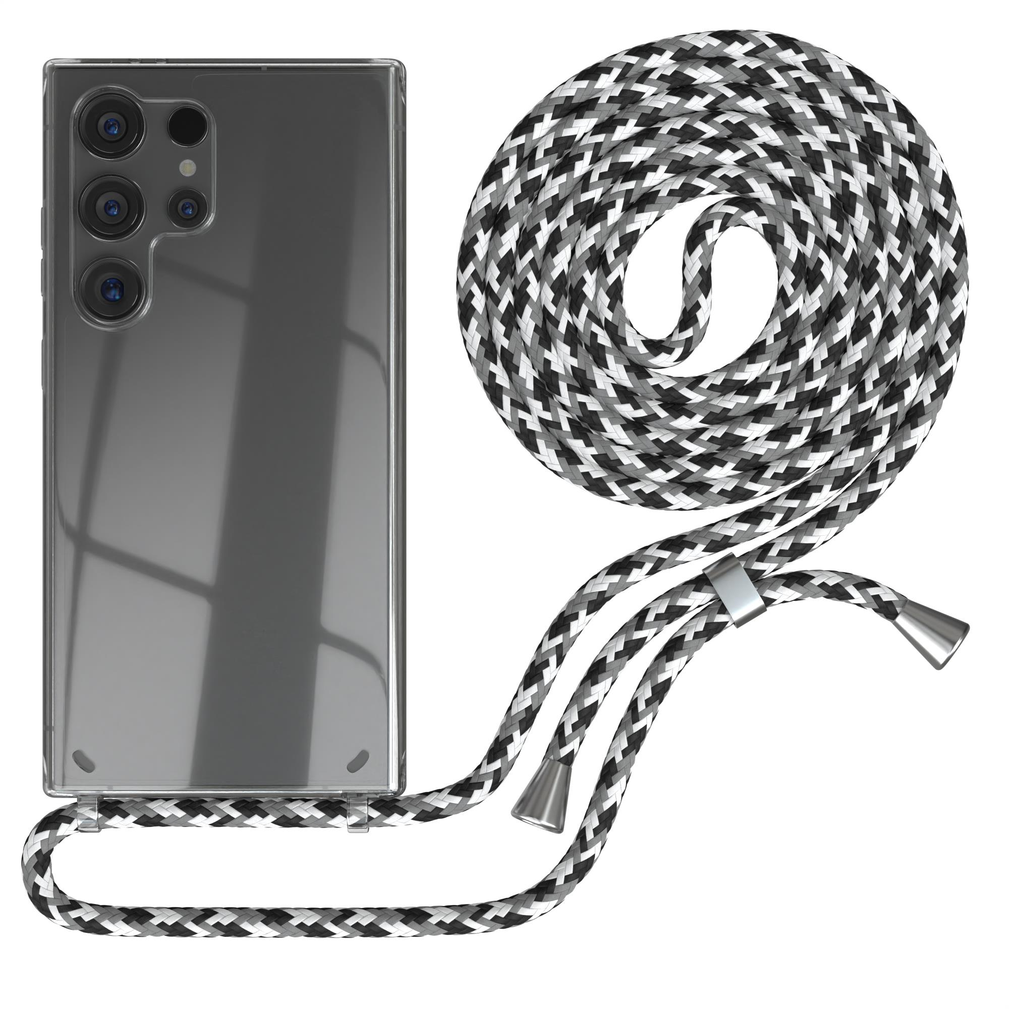 Ein Telefon mit Hülle und ein schwarz-weiß-grau gemustertes Schlüsselband.