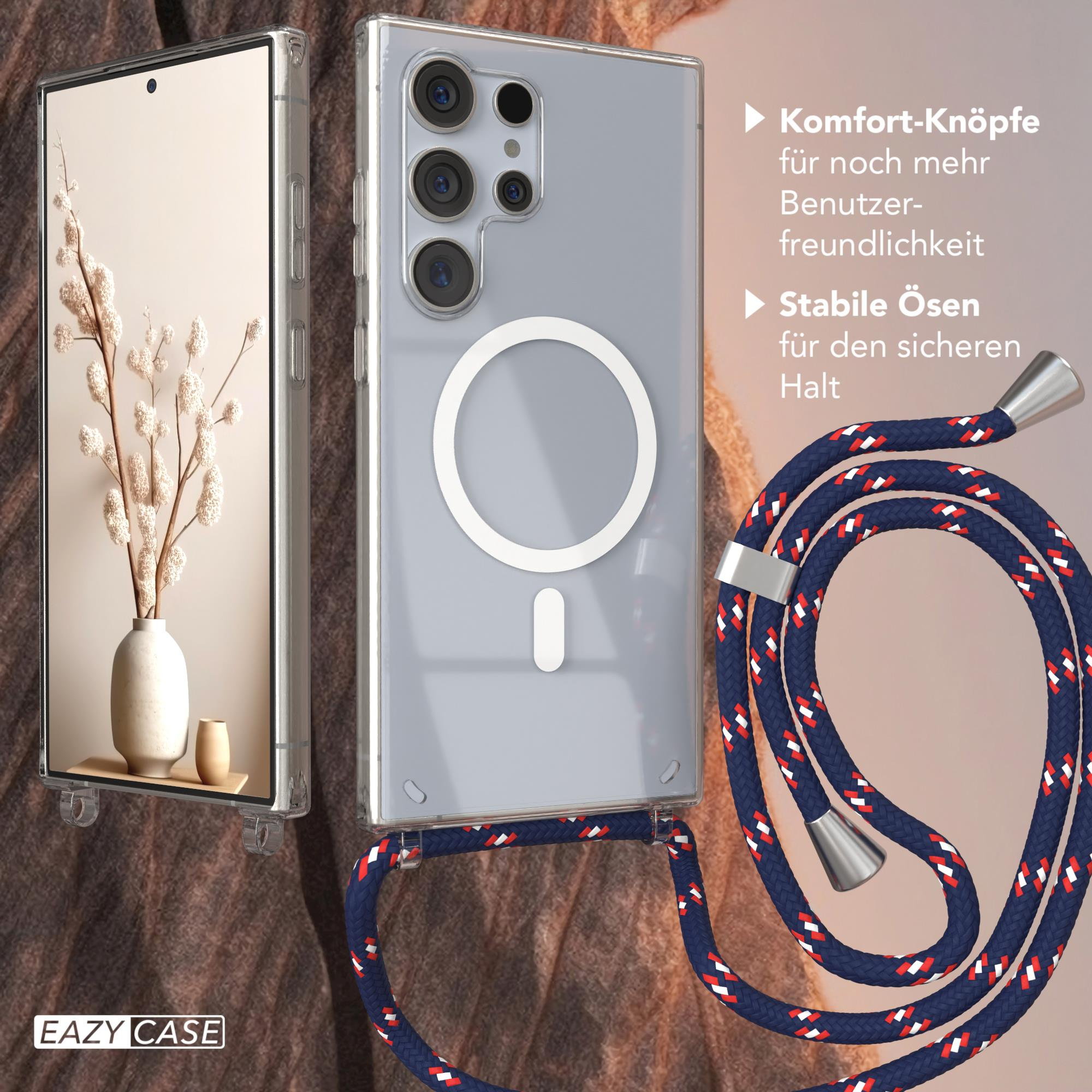 Eine transparente Handyhülle mit einem Schlüsselband und eine Vase mit Blumen.