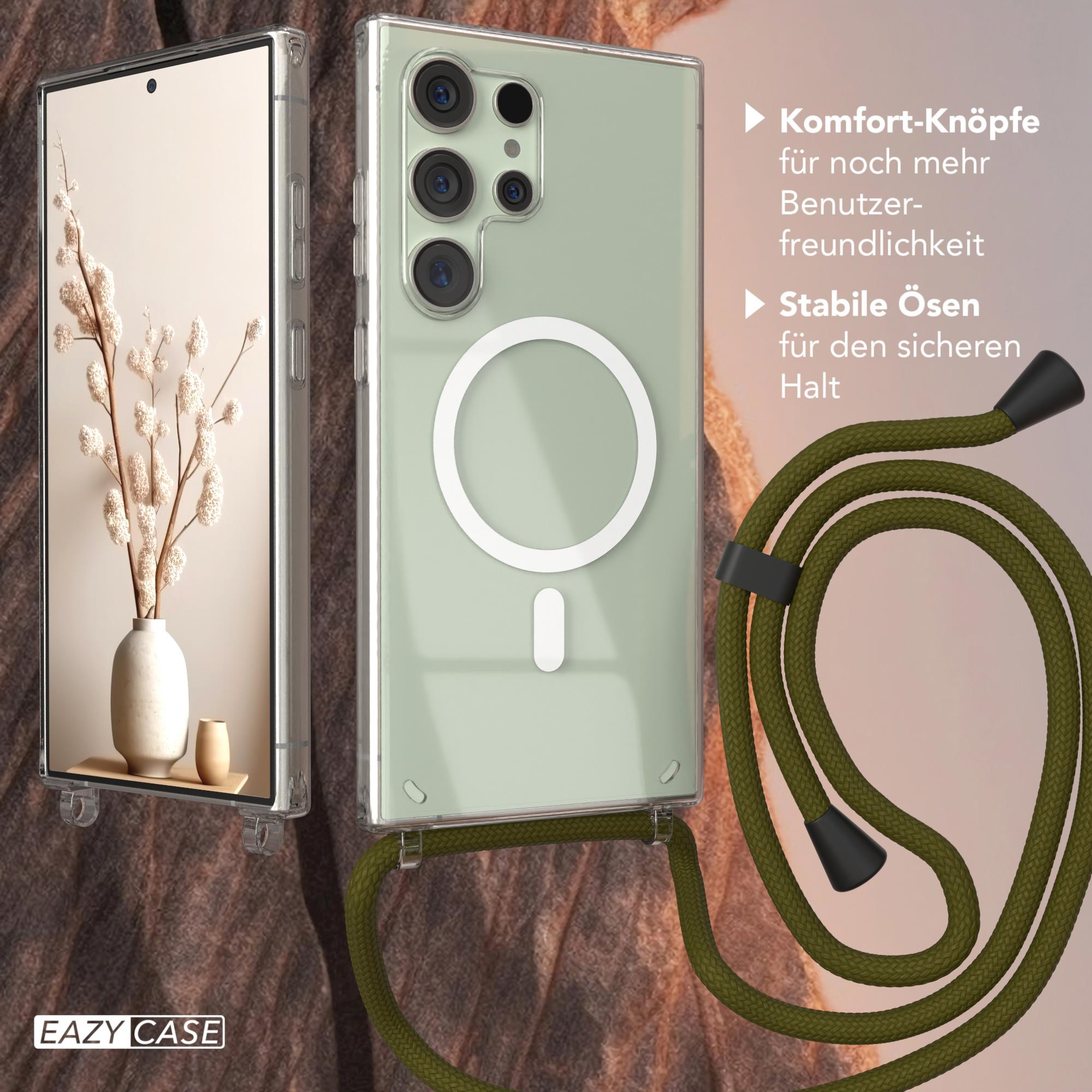 Handyhülle mit grünem Kordel. Klare Hülle mit weißem Kreis. Text: Komfort-Knöpfe.