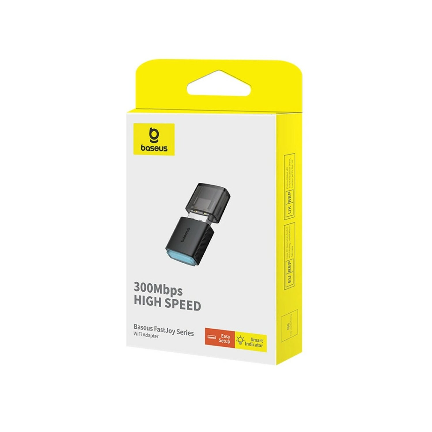 Pudełko adaptera Wifi Baseus z adapterem WIFI. To biało-żółte pudełko.