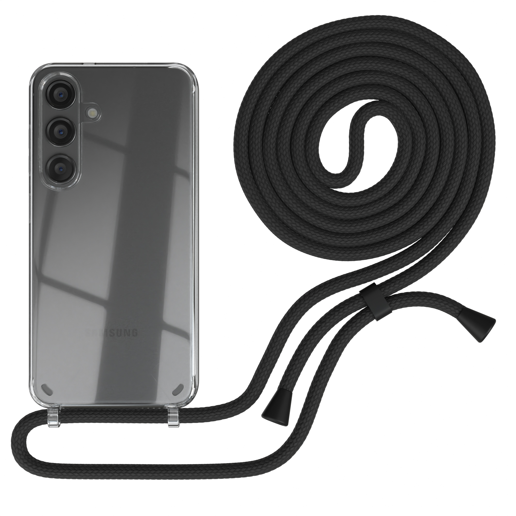 Klares Telefon mit schwarzem Seilriemen. Der Hintergrund ist weiß.