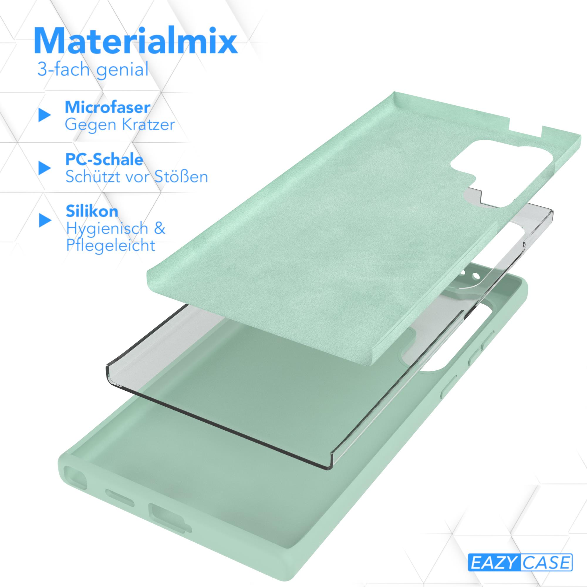 Handyhüllenkomponenten: Mikrofaser, PC-Schale und Silikon. Der Text oben lautet „Materialmix – 3-fach genial“.
