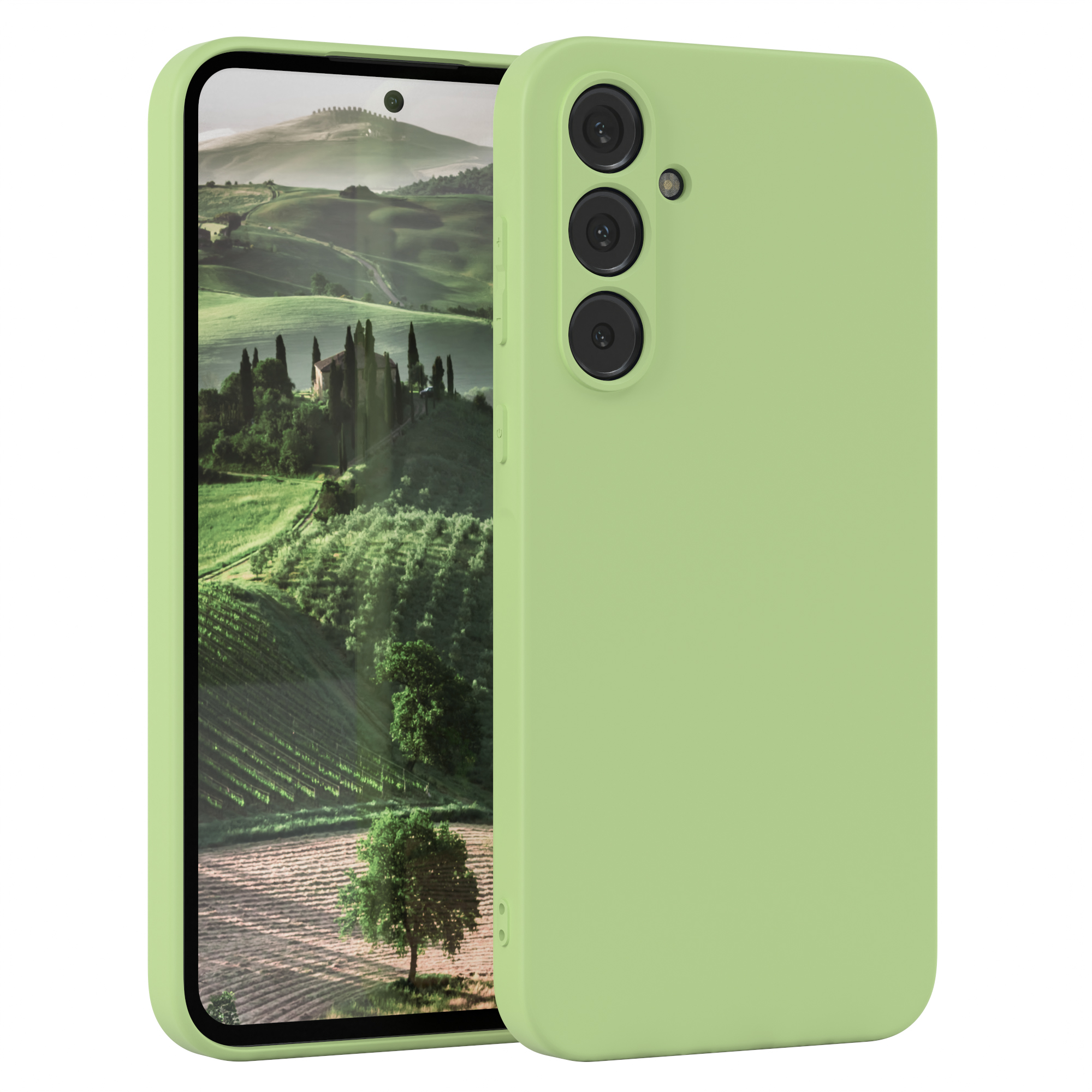 Grüne Handyhülle auf weißem Hintergrund, Bildschirm zeigt Landschaft mit Häusern und Bäumen.