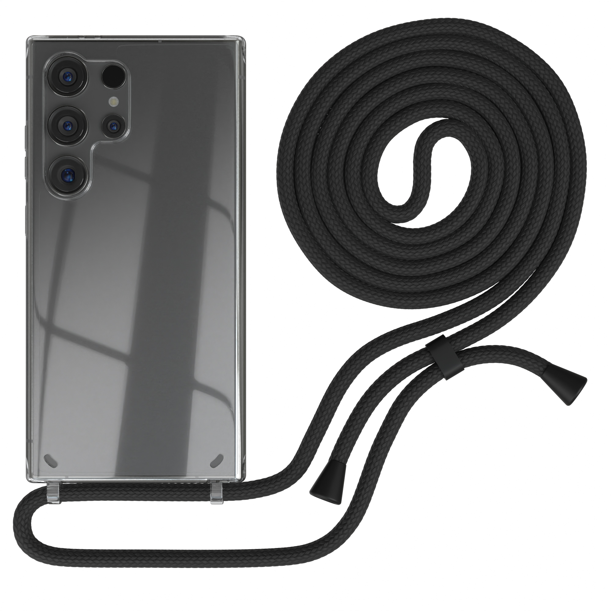 Ein silbernes Smartphone mit schwarzem Kordelgehäuse auf weißem Hintergrund.