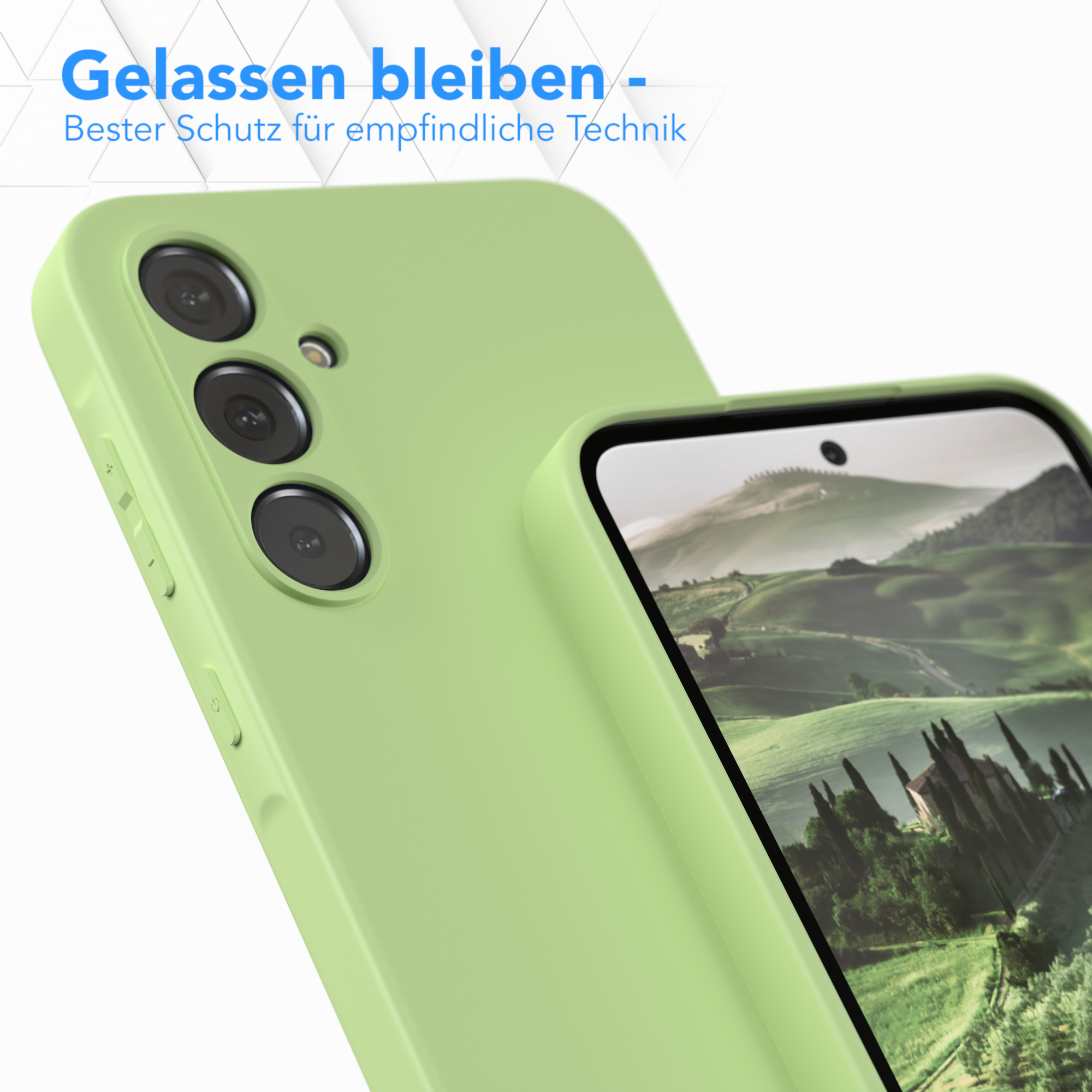 Grüne Handyhülle auf grünem Telefon. Grüner Hintergrund. Samsung Telefon.