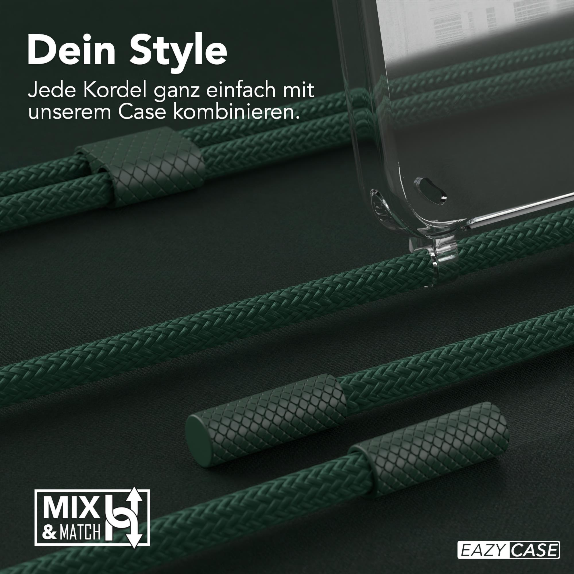 Grüne geflochtene Kordeln auf dunklem Hintergrund. Eine transparente Handyhülle ist teilweise sichtbar. Text: Dein Style.
