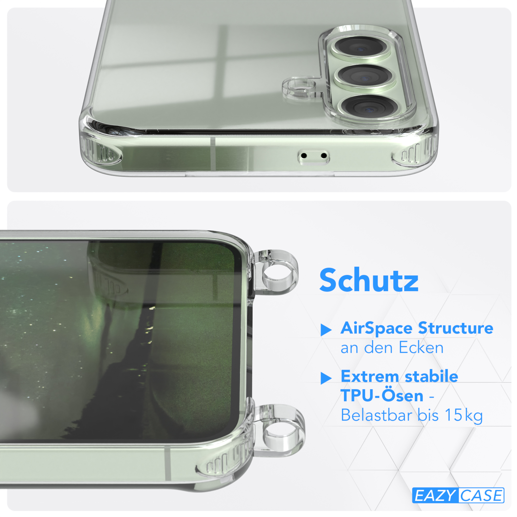 Transparente Handyhülle mit Details, Text über Schutz und Markenname.