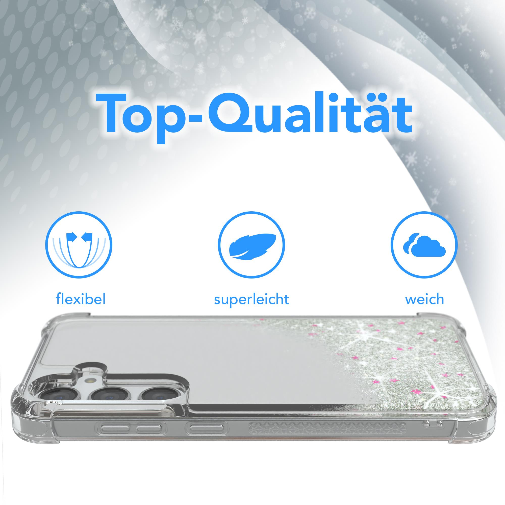 Transparente Handyhülle mit Glitzer, mit Icons für flexibel, superleicht und weich.