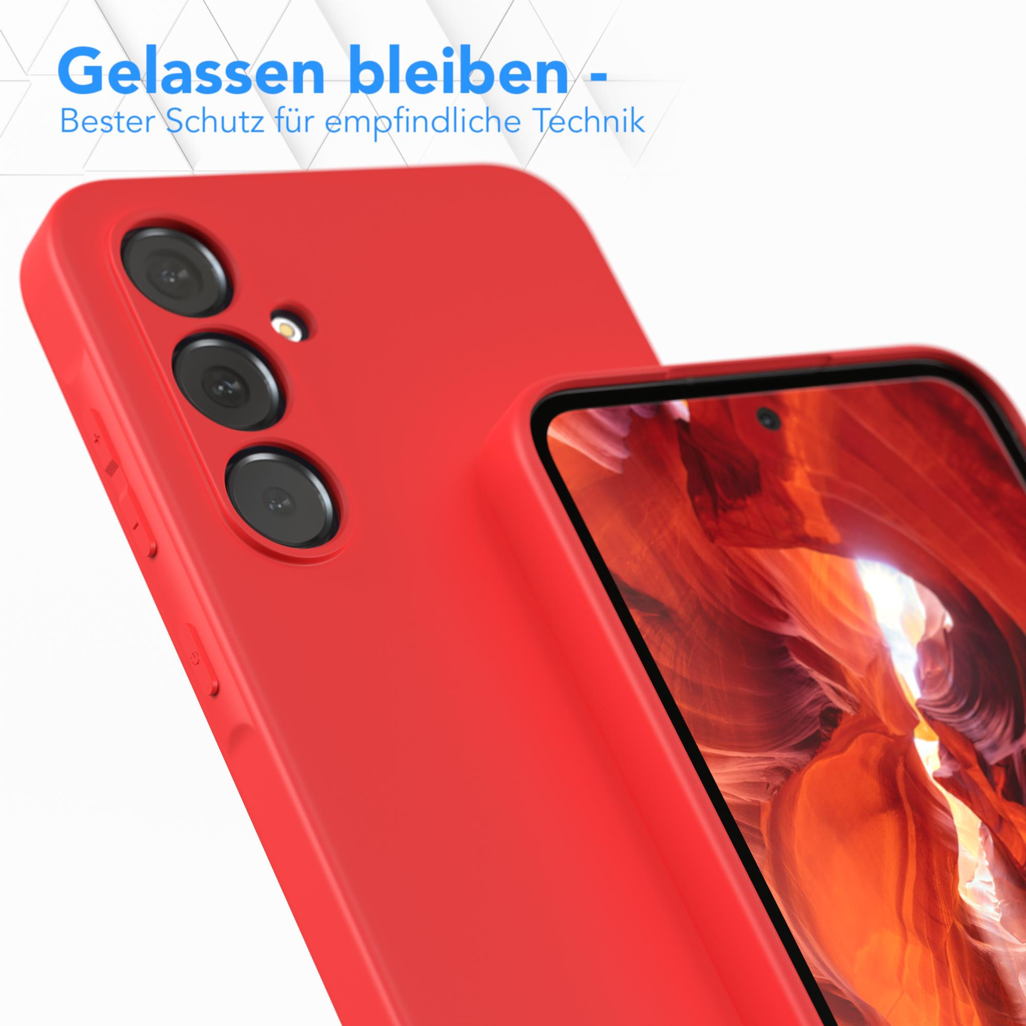 Rote Handyhülle mit Dreifachkamera-Setup.