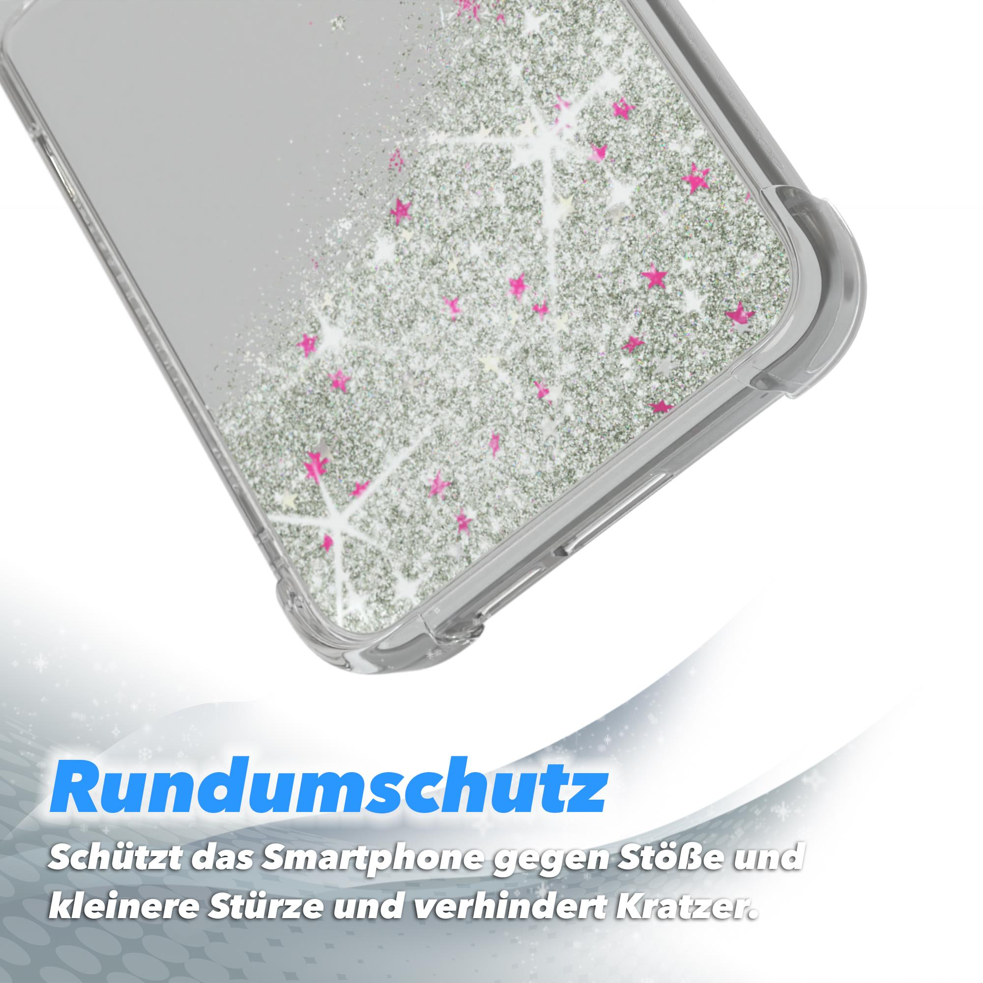 Glitzernde Handyhülle mit silbernen Glitzer und rosa Akzenten, Rundumschutz.
