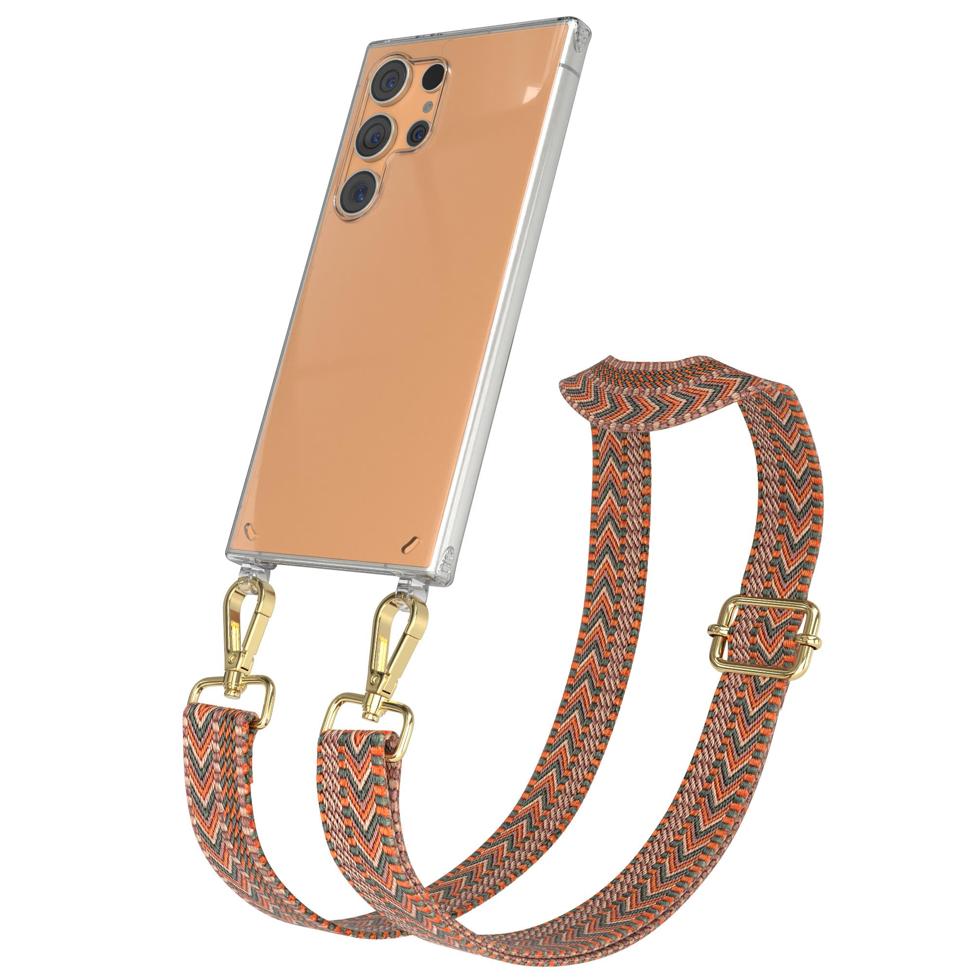 Telefon mit transparenter Hülle und Riemen, orange-graues Muster.