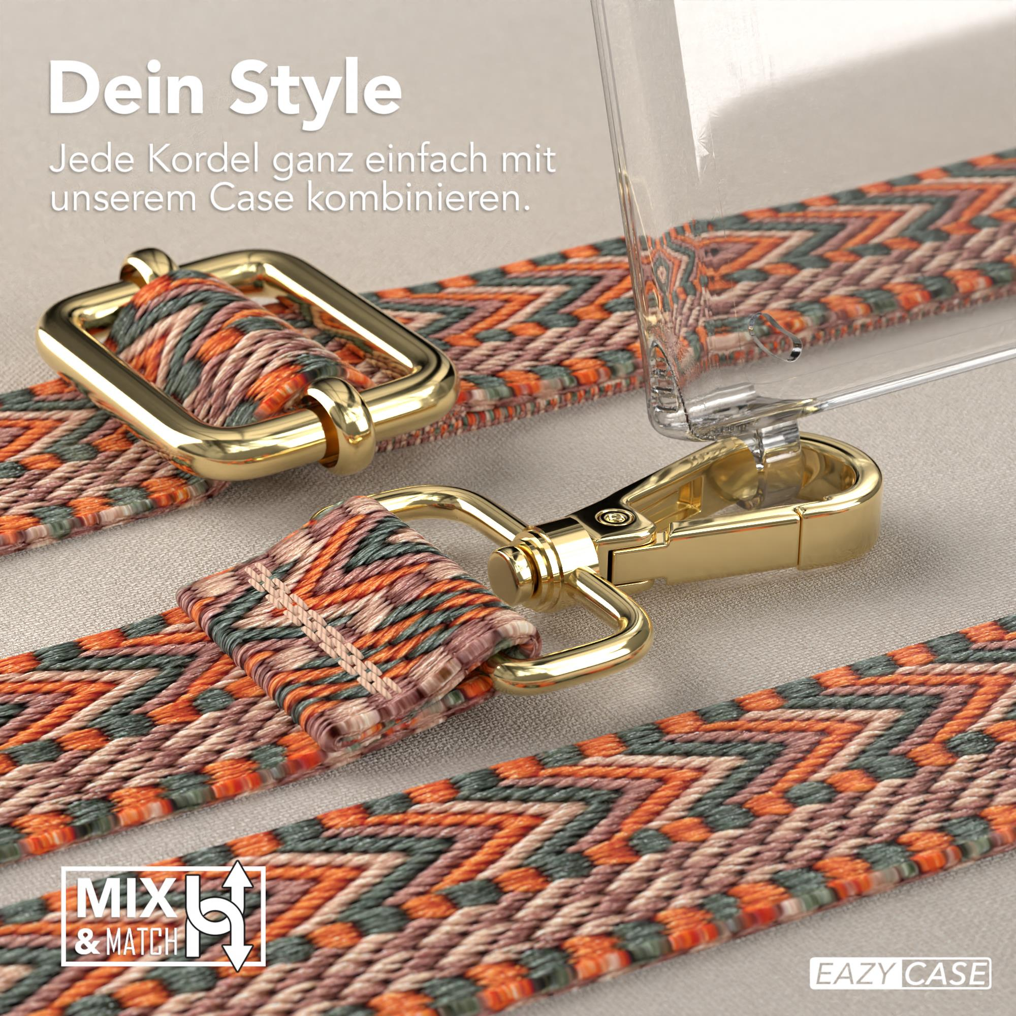Nahaufnahme einer Handyhülle mit einem orangefarbenen, grünen und weißen gemusterten Riemen und goldfarbener Hardware.