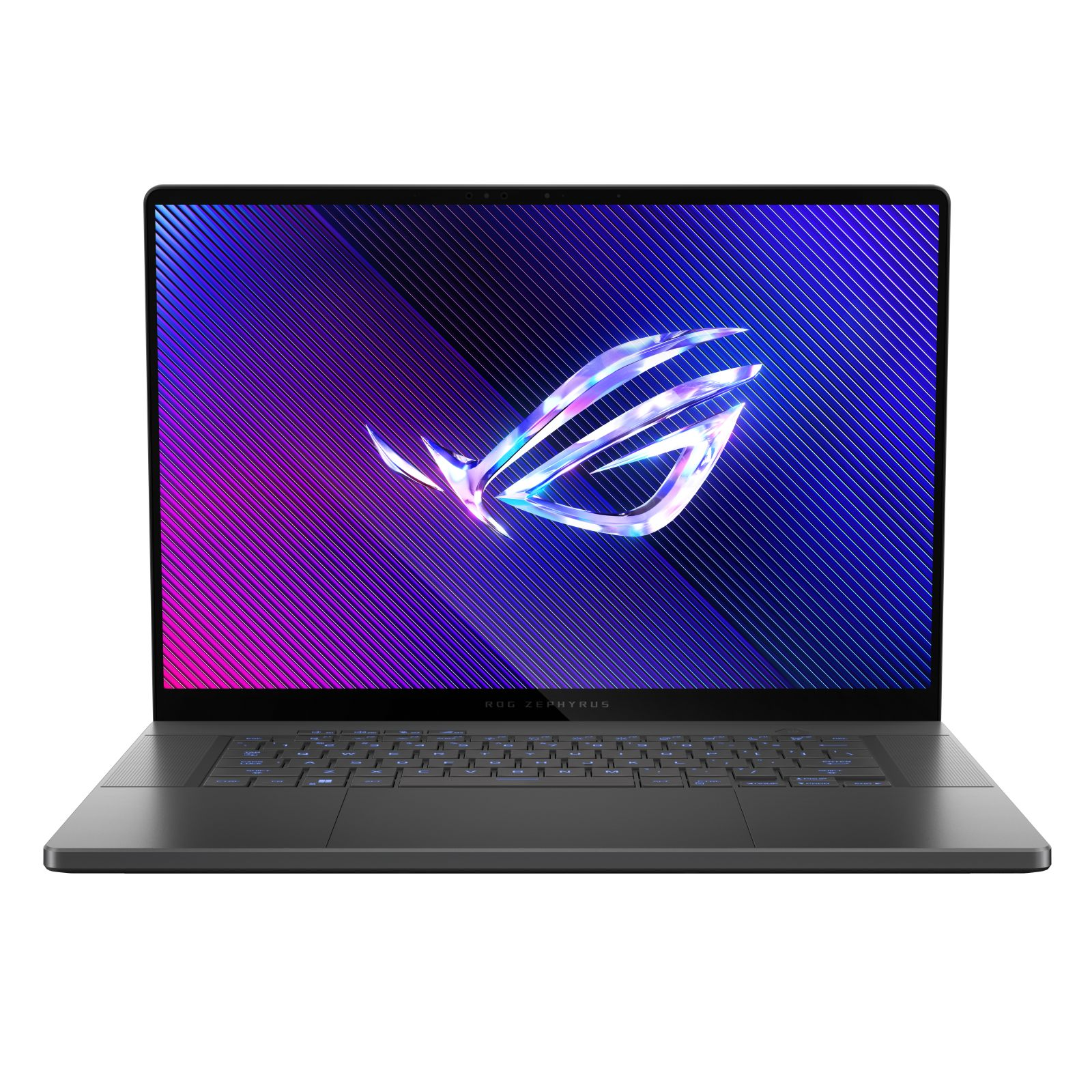 Schwarzer Laptop mit blau-lila Farbverlauf, ROG Zephyrus Logo sichtbar.