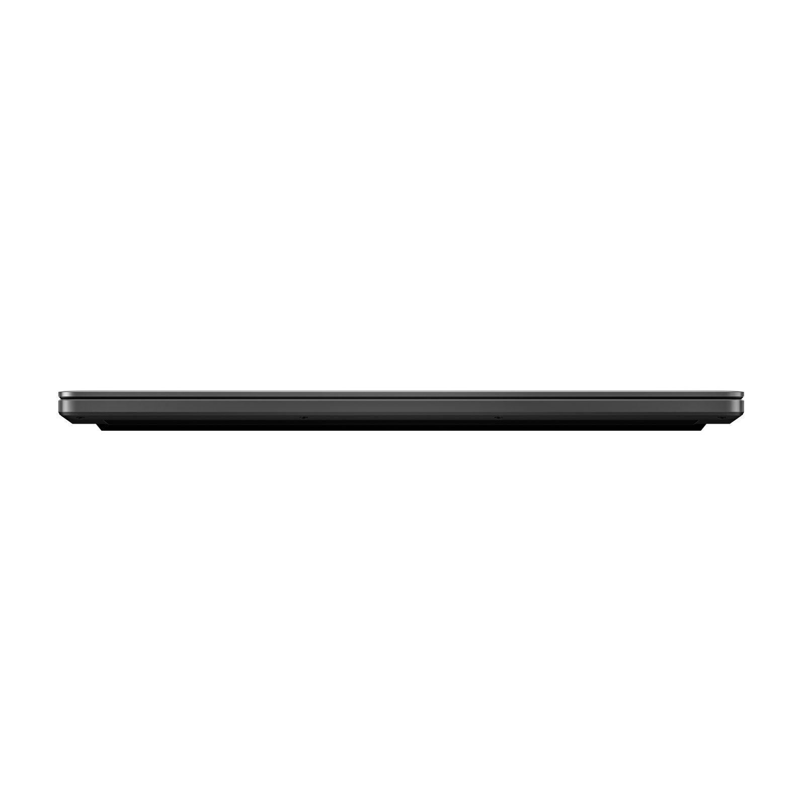 Ein schwarzer, geschlossener Laptop, von der Seite gesehen. Er liegt auf einer weißen Oberfläche.