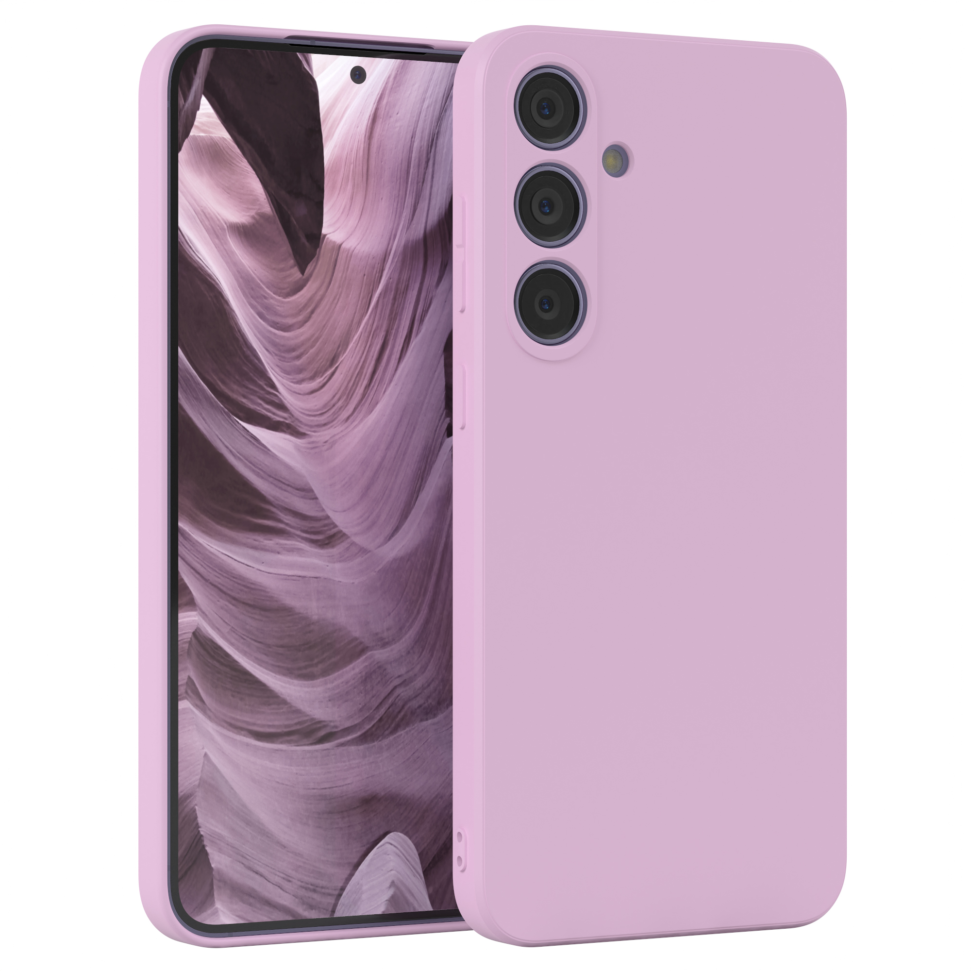 Rosa Handyhülle mit drei Kameras. Ein Handy mit Wüstenlandschaft-Hintergrund ist sichtbar.
