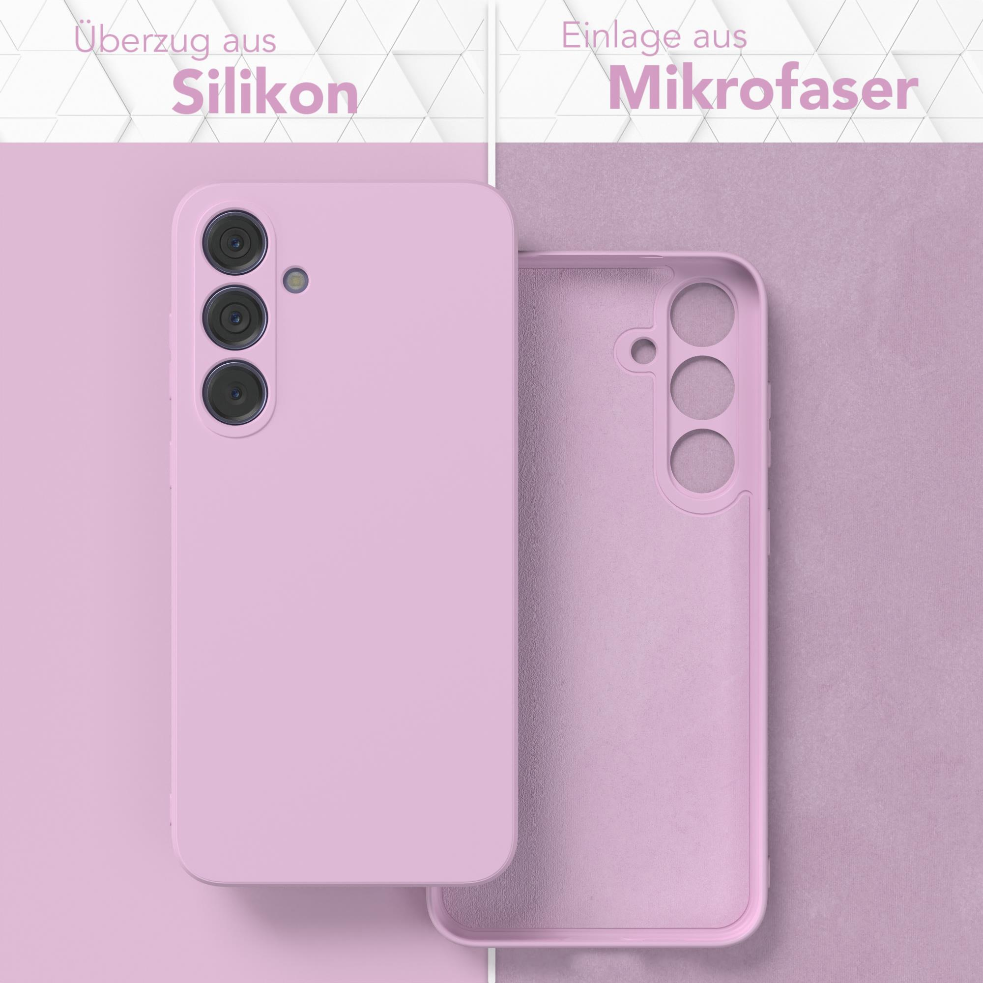 Zwei Handyhüllen, eine offen, die rosa Farbe zeigend. Die andere zeigt die Außenseite.
