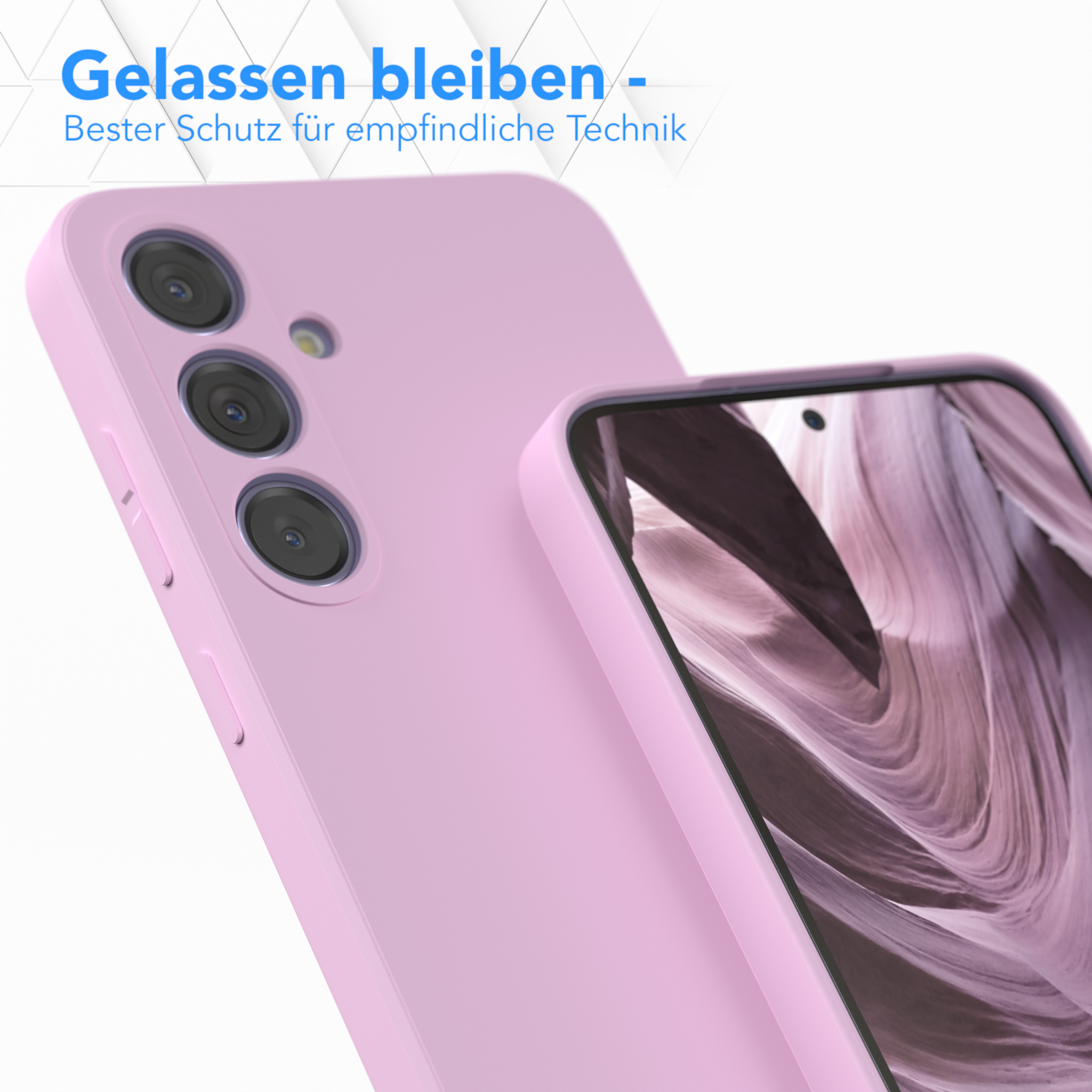 Zwei rosa Handyhüllen. Der Text lautet: 'Gelassen bleiben - Bester Schutz für empfindliche Technik'.