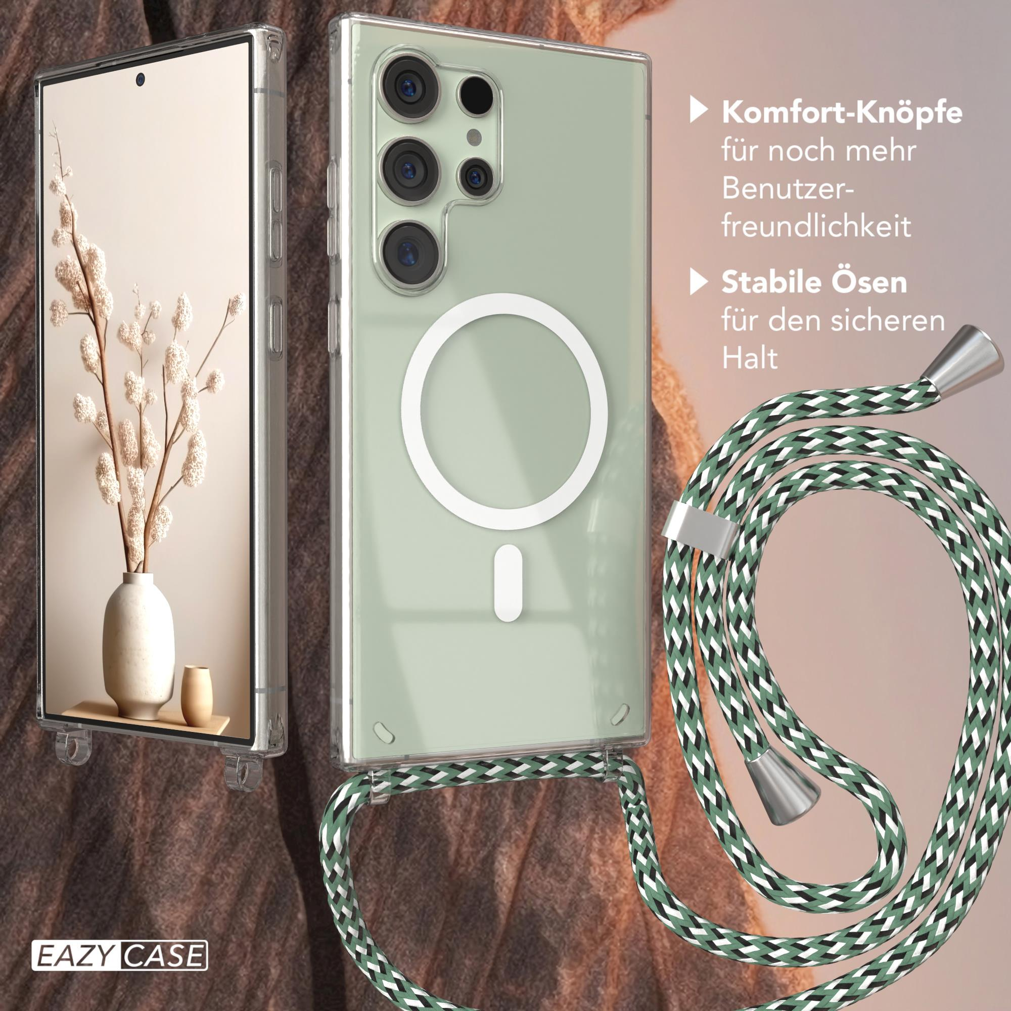 Handyhülle mit Telefon und grün-weißem Lanyard.