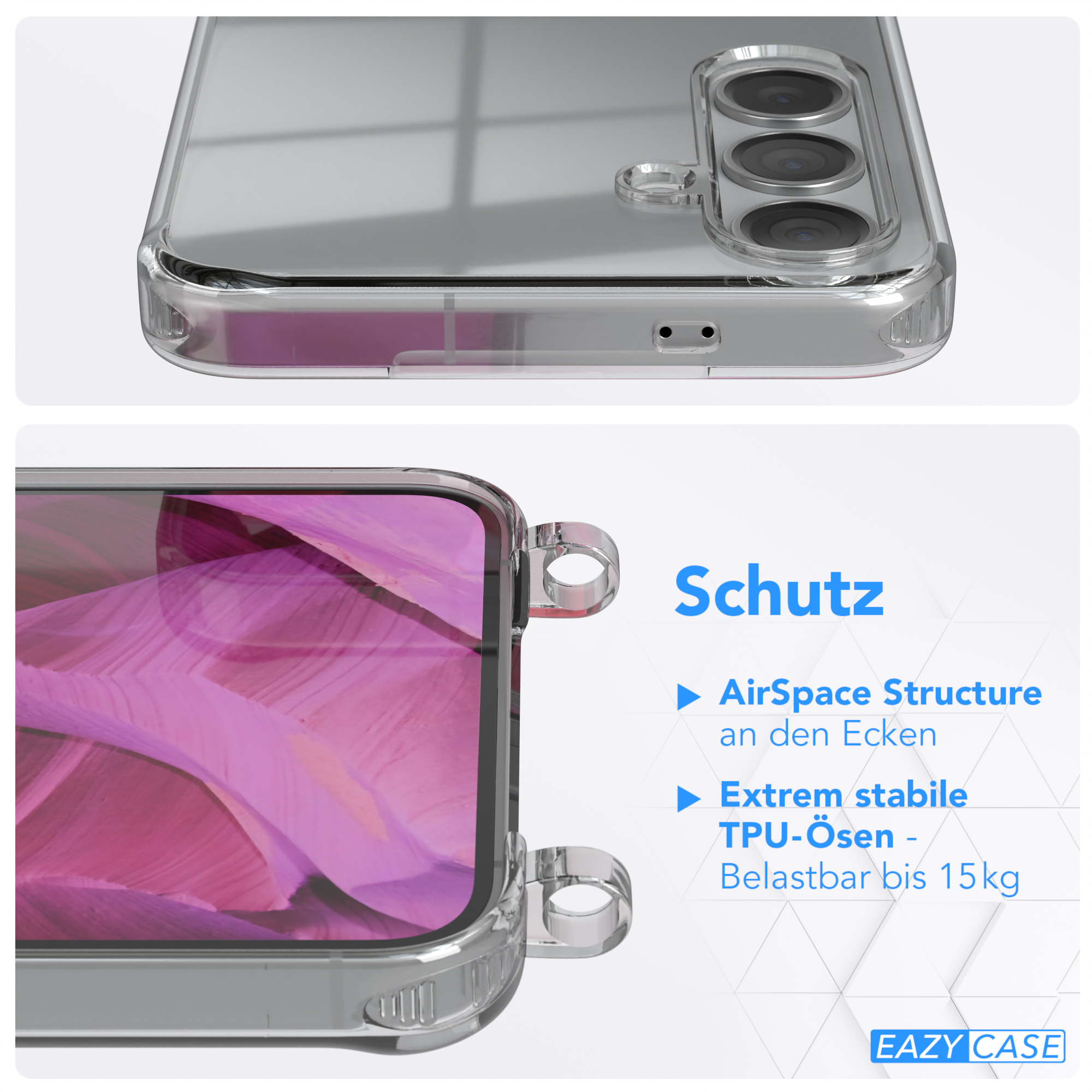 Transparente Handyhülle mit Struktur und TPU-Material, roter Laub-Hintergrund.