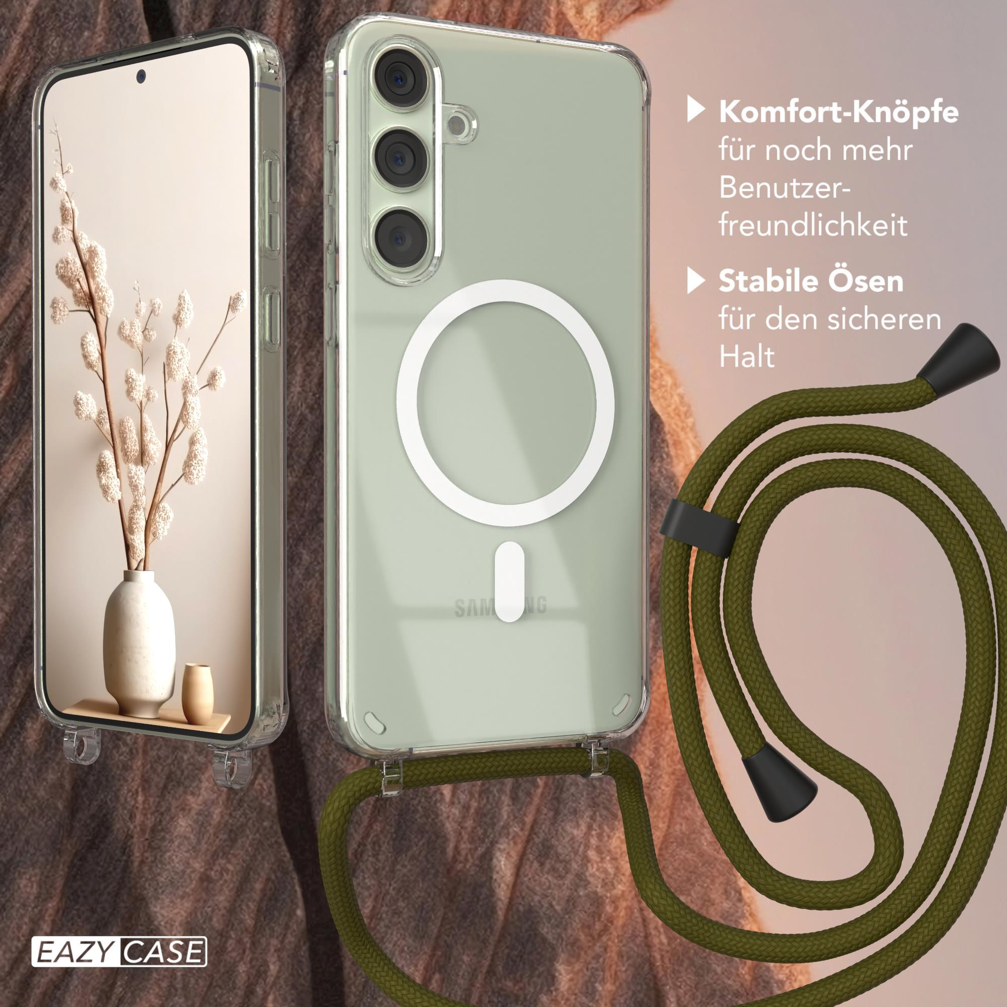 Handyhülle mit Handy und Lanyard; eine Vase mit Blumen im Hintergrund.