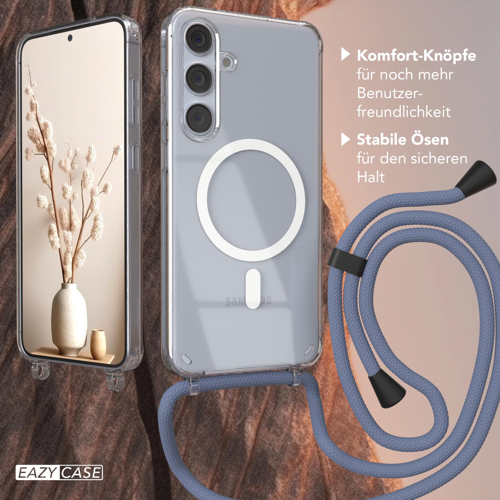Ein Telefon in einer transparenten Hülle mit einem Riemen und eine Vase mit Blumen. Text: 'Komfort-Tasten für mehr Benutzerfreundlichkeit'.
