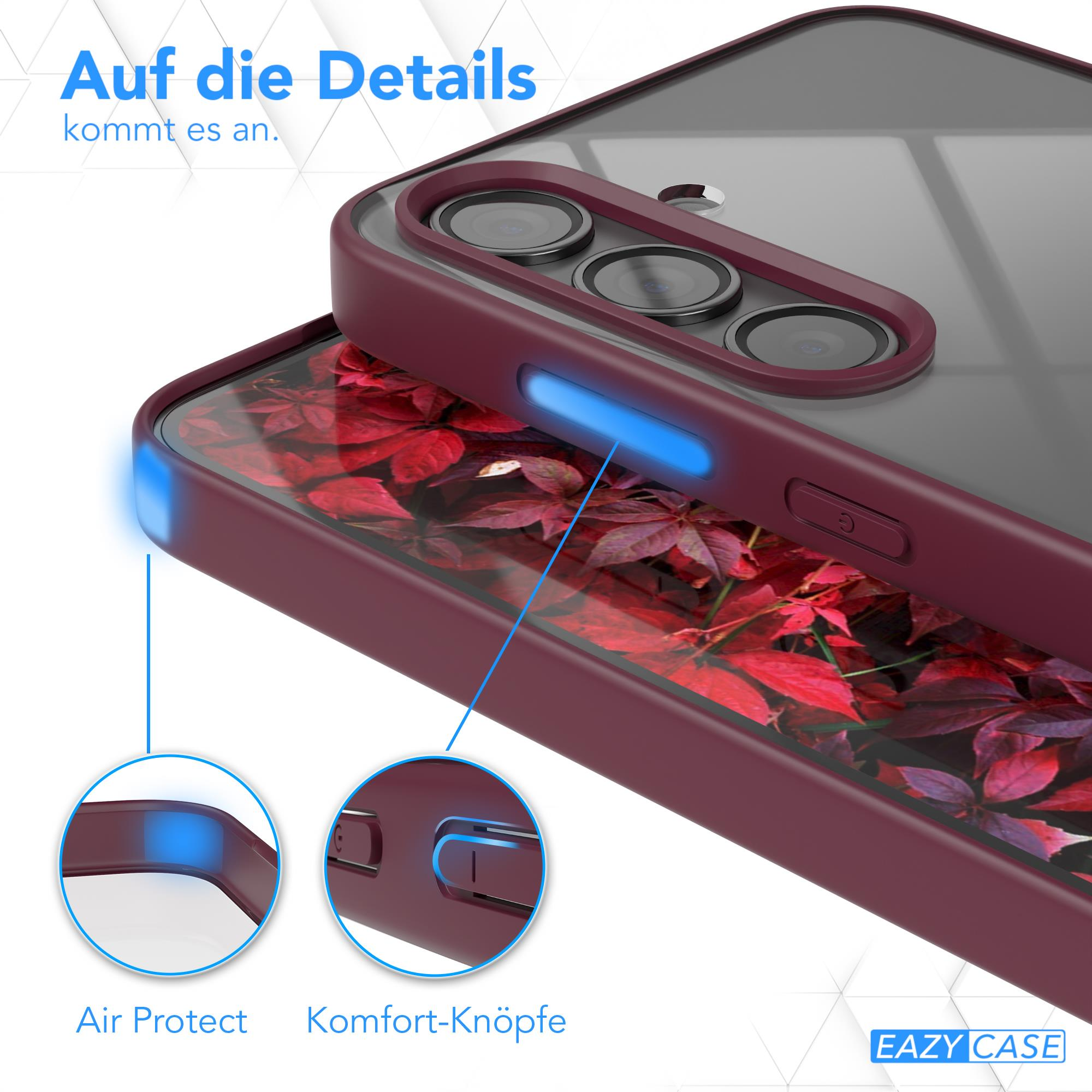 Nahaufnahme einer weinroten Handyhülle mit Details wie Knöpfen und Luftschutz.