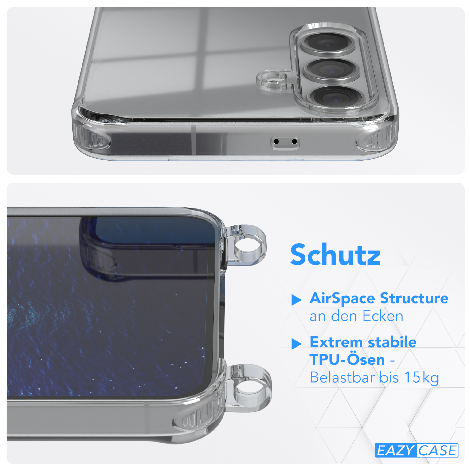 Eine transparente Handyhülle mit silbernen Kanten und Text über Schutzfunktionen.