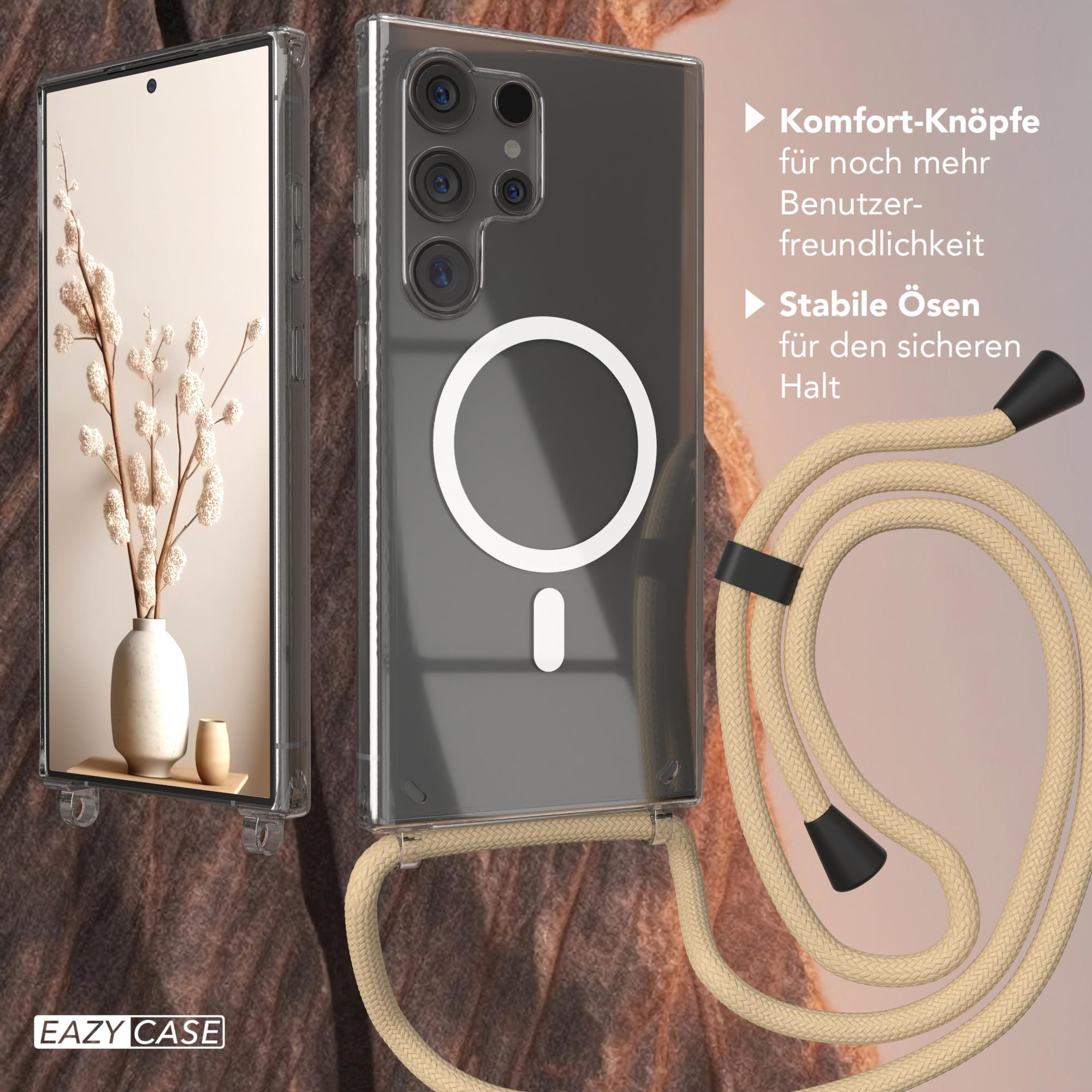 Handyhülle mit Lanyard und klarer Rückseite. Auf der Rückseite befindet sich ein weißer Kreis.