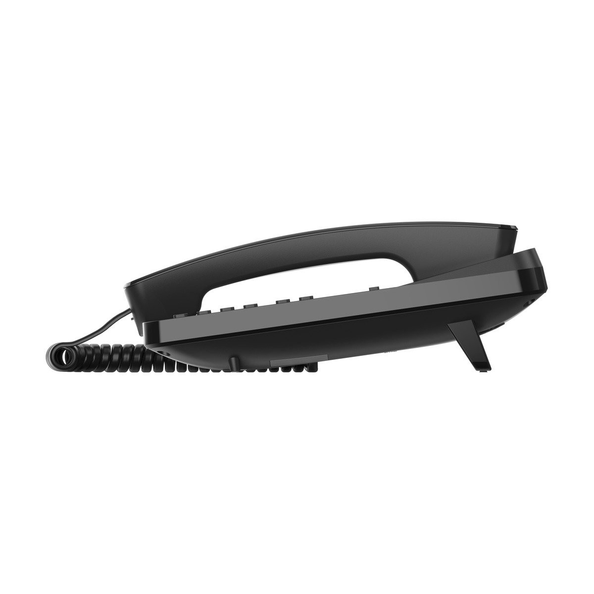 Téléphone noir avec design incurvé, combiné et base, sur fond blanc.